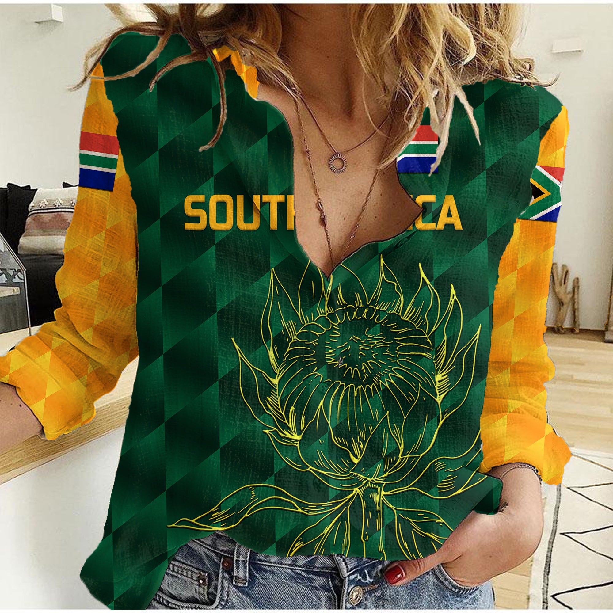 (Custom Personalised) South Africa Proteas Cricket Women Casual Shirt Simple - Green - Vibe Hoodie Shop