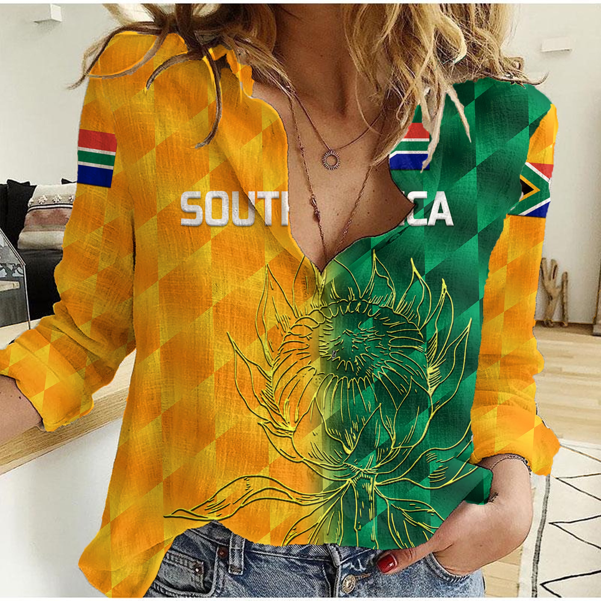 (Custom Personalised) South Africa Proteas Cricket Women Casual Shirt Simple - Yellow - Vibe Hoodie Shop