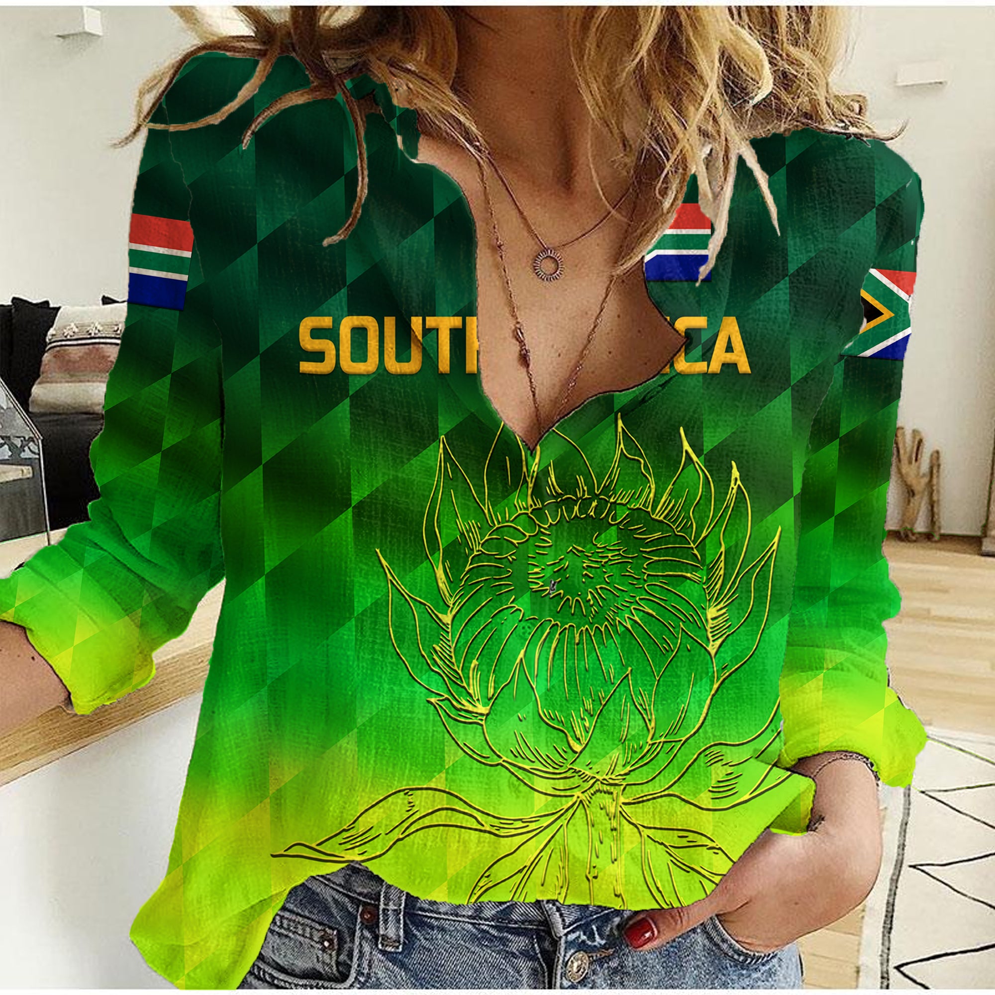 (Custom Personalised) South Africa Proteas Cricket Women Casual Shirt Simple - Gradient Green - Vibe Hoodie Shop