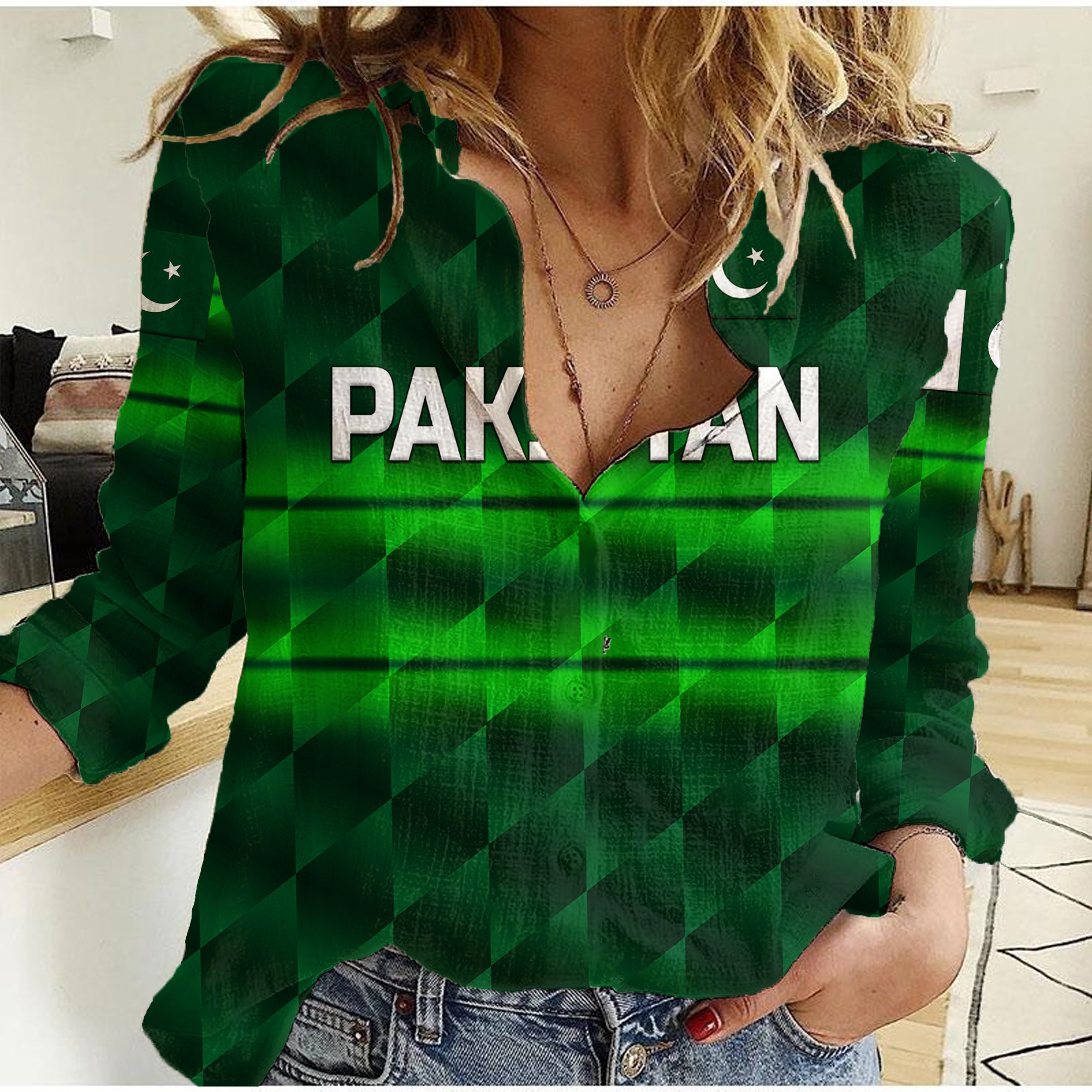 (Custom Personalised) Pakistan Cricket Women Casual Shirt Pak Shaheens Unique - Dark Green - Vibe Hoodie Shop