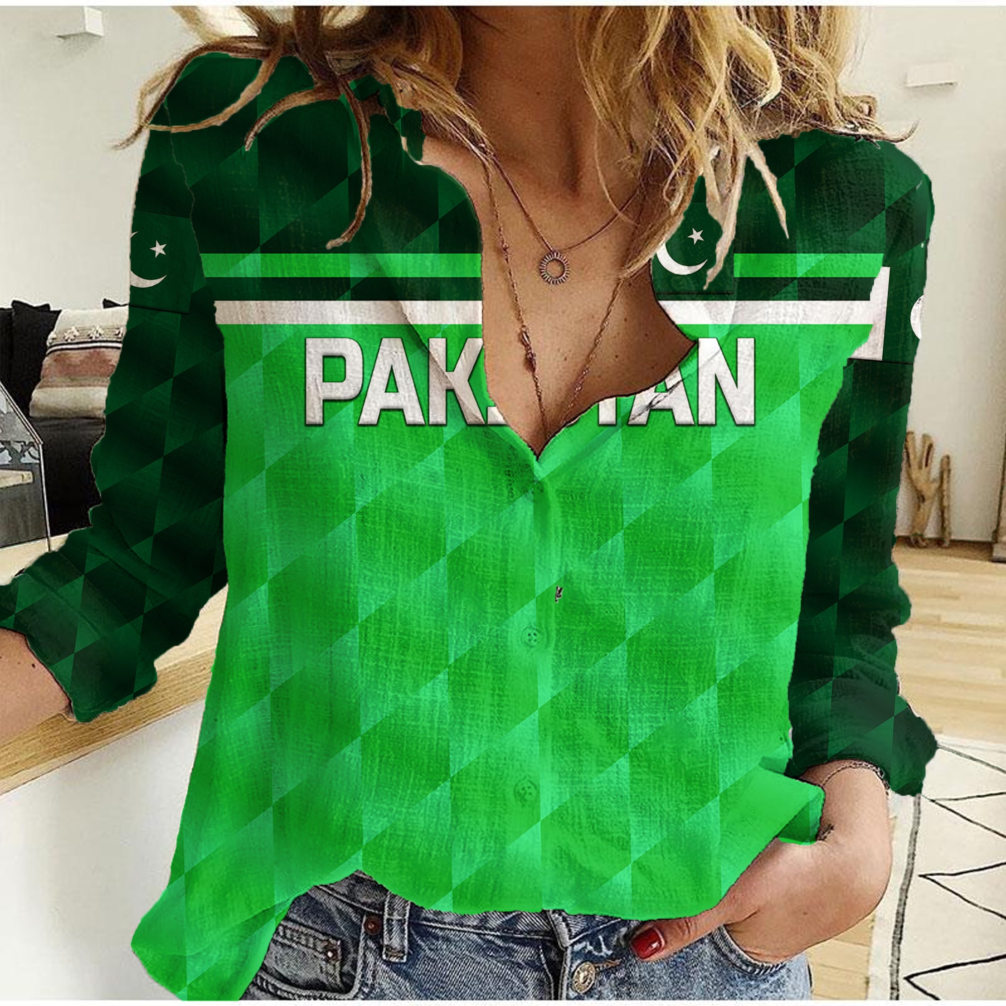 (Custom Personalised) Pakistan Cricket Women Casual Shirt Pak Shaheens Unique - Green - Vibe Hoodie Shop