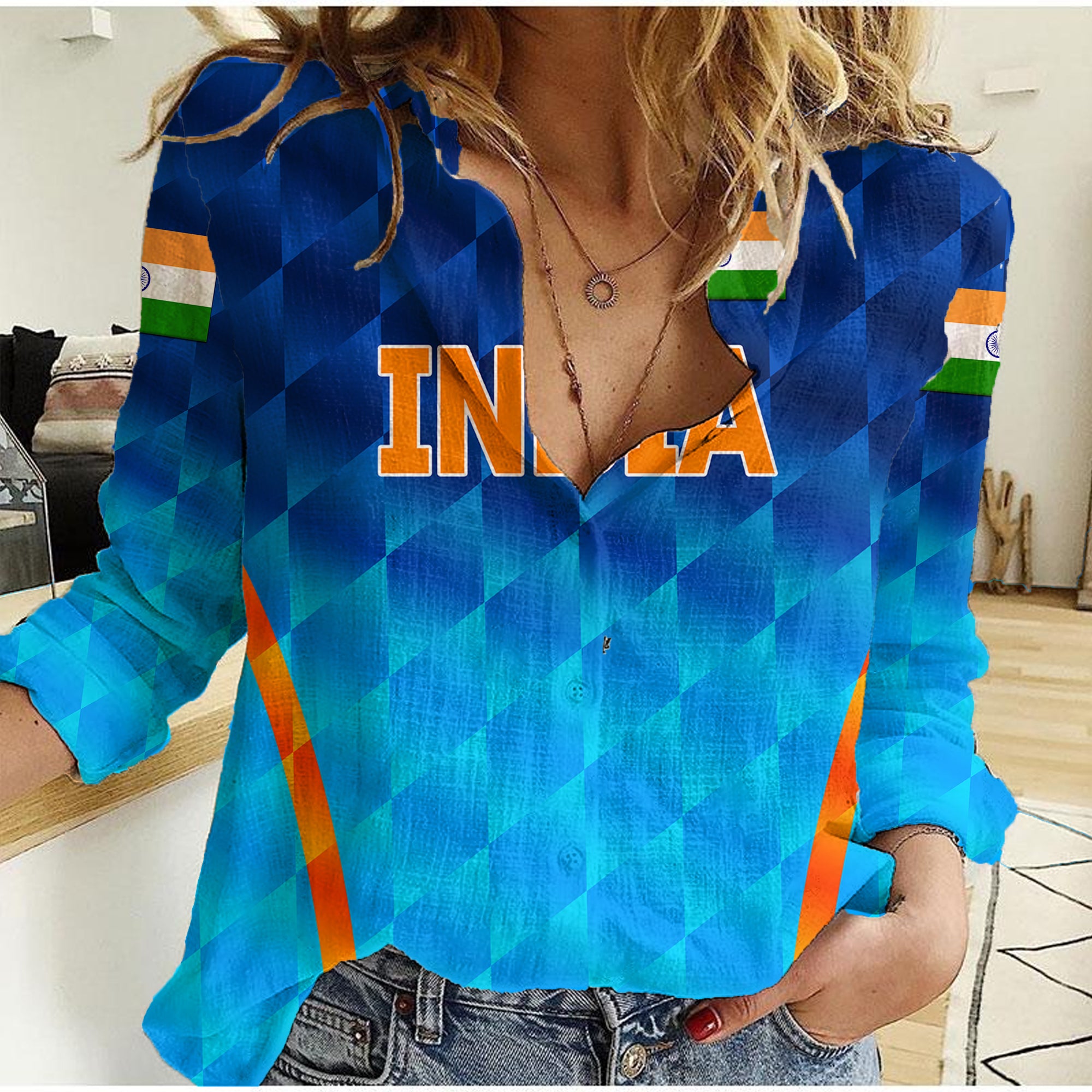 (Custom Personalised) India Cricket Women Casual Shirt Men In Blue Unique - Gradient Blue - Vibe Hoodie Shop