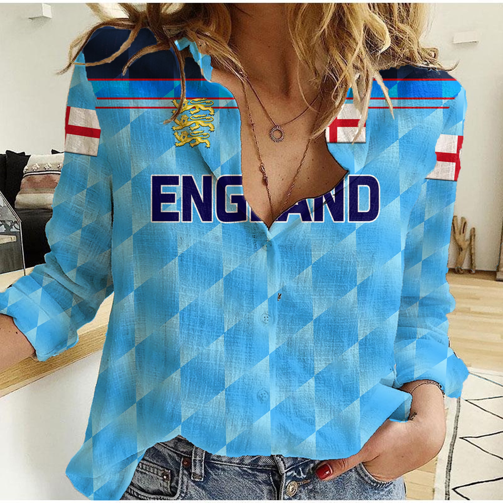 (Custom Personalised) England Cricket Women Casual Shirt Unique - Blue - Vibe Hoodie Shop