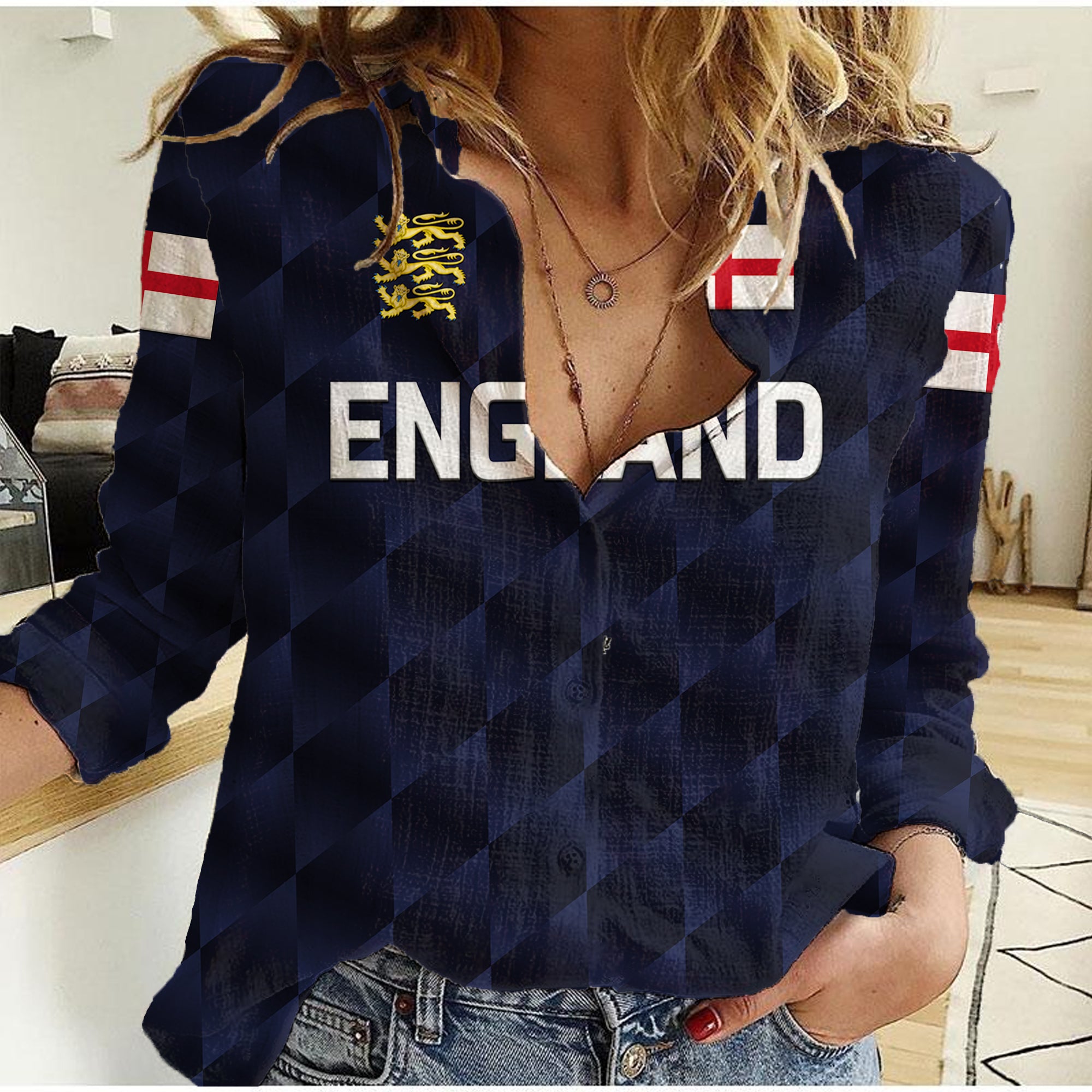 (Custom Personalised) England Cricket Women Casual Shirt Unique - Navy - Vibe Hoodie Shop