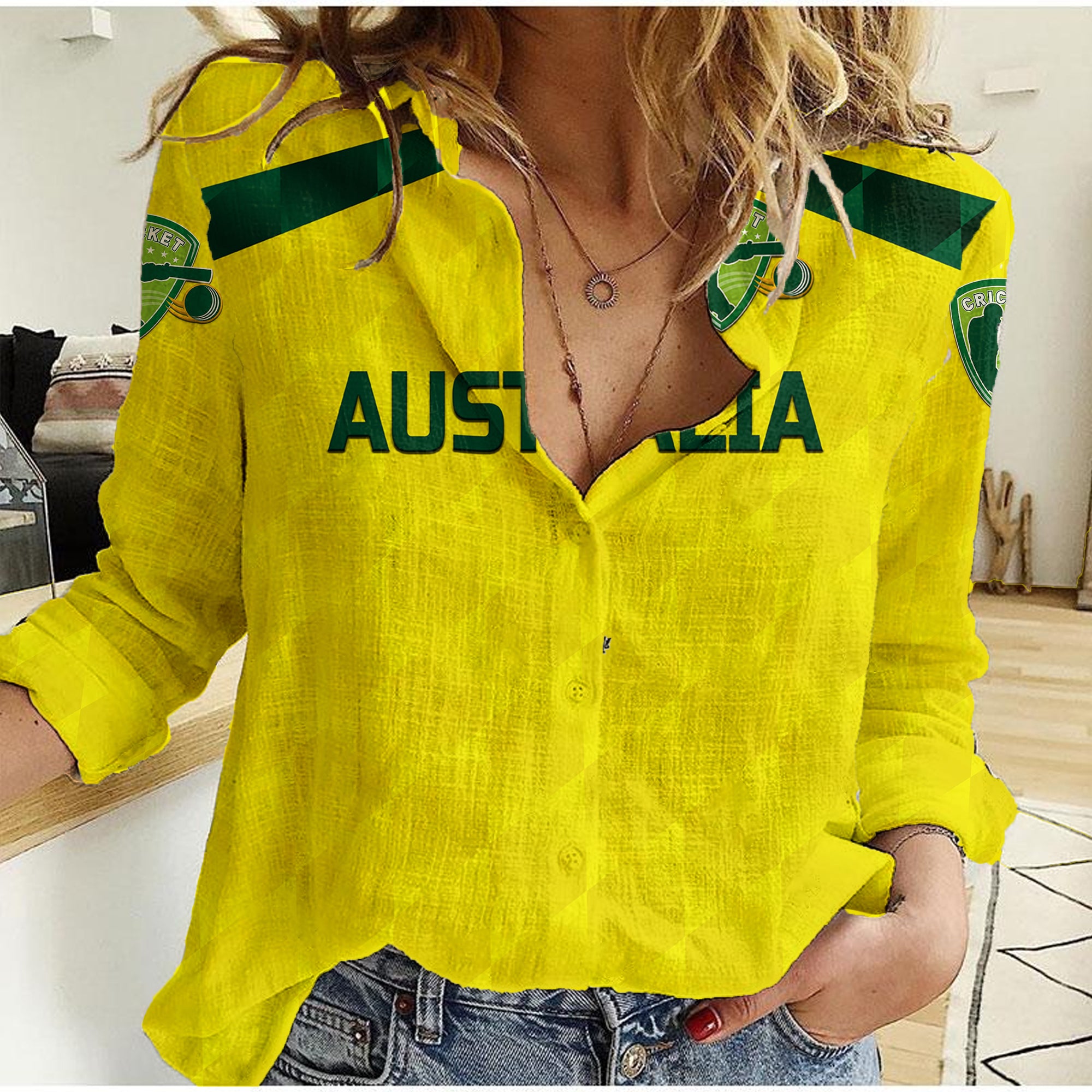 (Custom Personalised) Australia Cricket Women Casual Shirt Aussie Unique - Yellow - Vibe Hoodie Shop