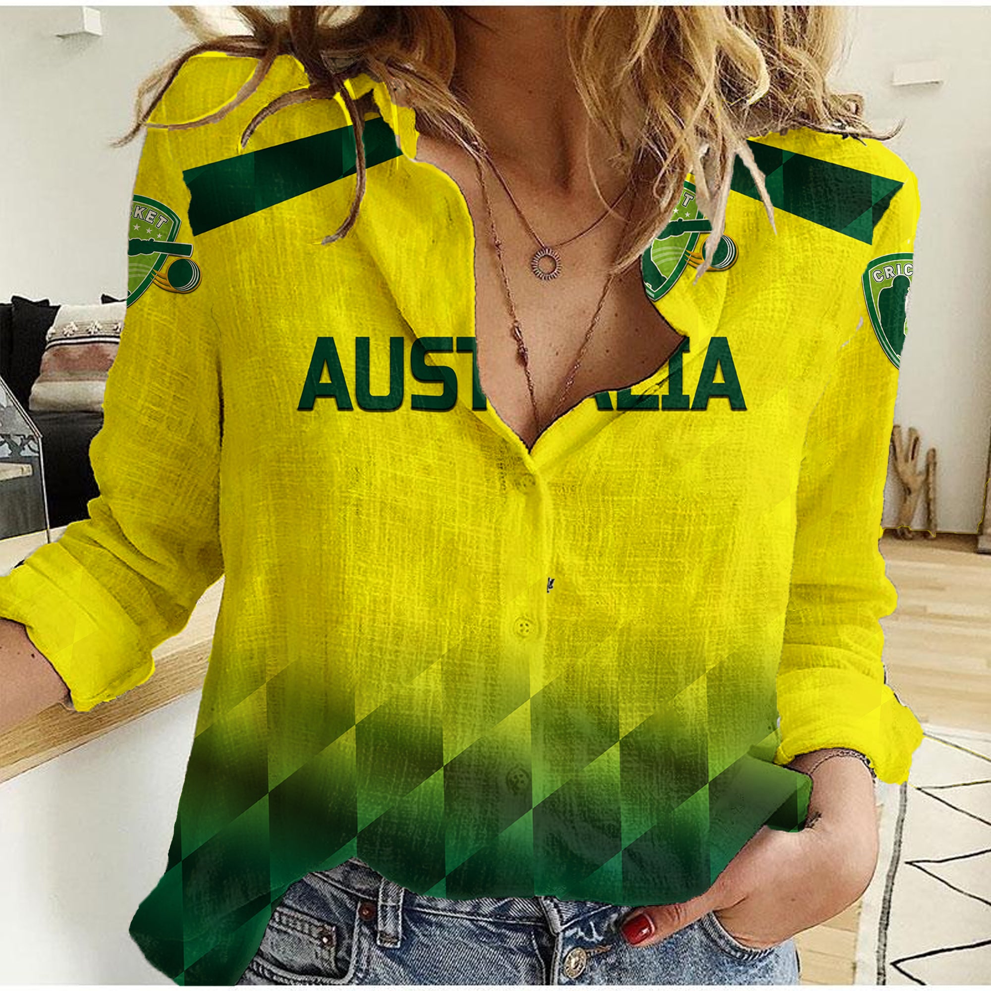 (Custom Personalised) Australia Cricket Women Casual Shirt Aussie Unique - Gradient Yellow Vibes - Vibe Hoodie Shop