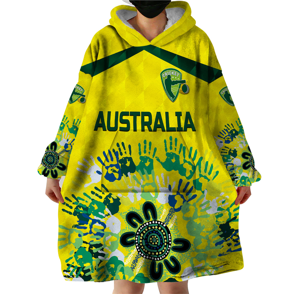 (Custom Personalised) Australia Cricket Wearable Blanket Hoodie Aboriginal Style Unique - Yellow - Vibe Hoodie Shop