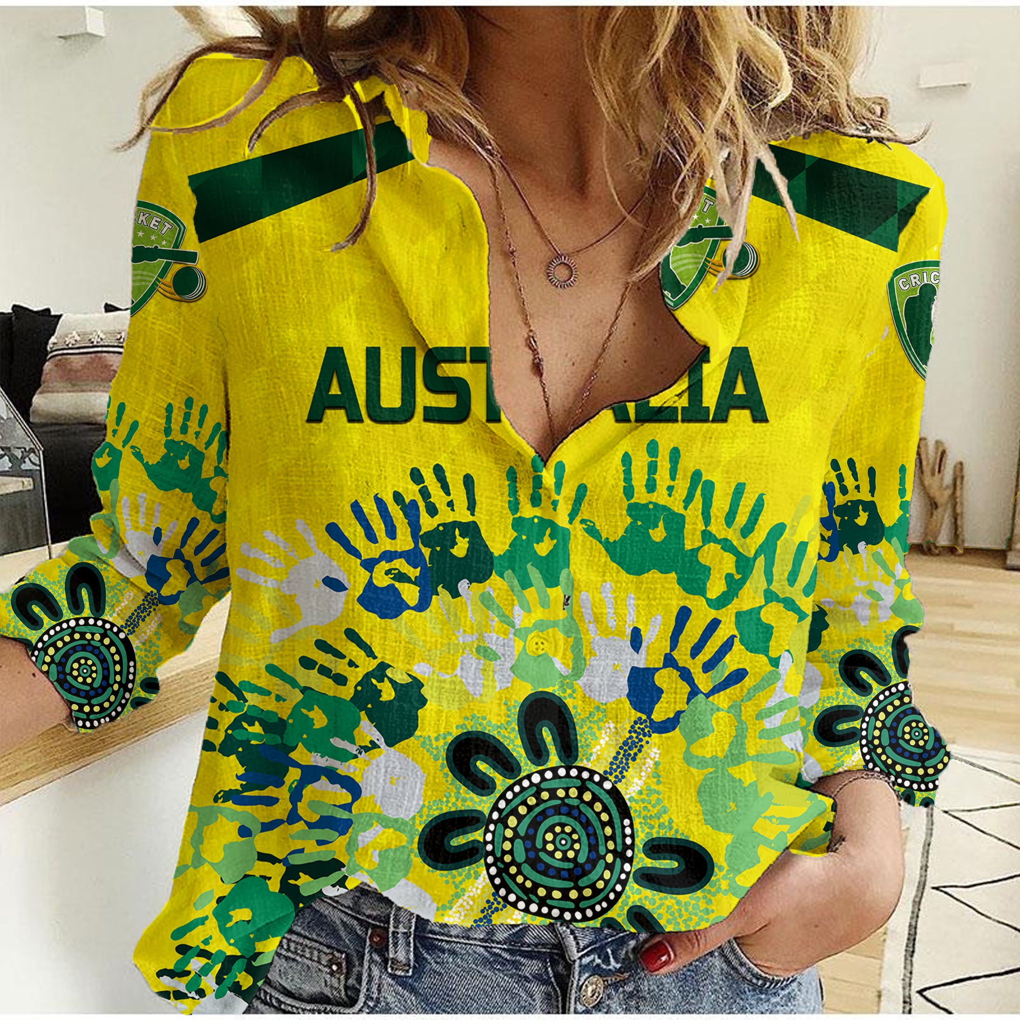(Custom Personalised) Australia Cricket Women Casual Shirt Aboriginal Style Unique - Yellow - Vibe Hoodie Shop