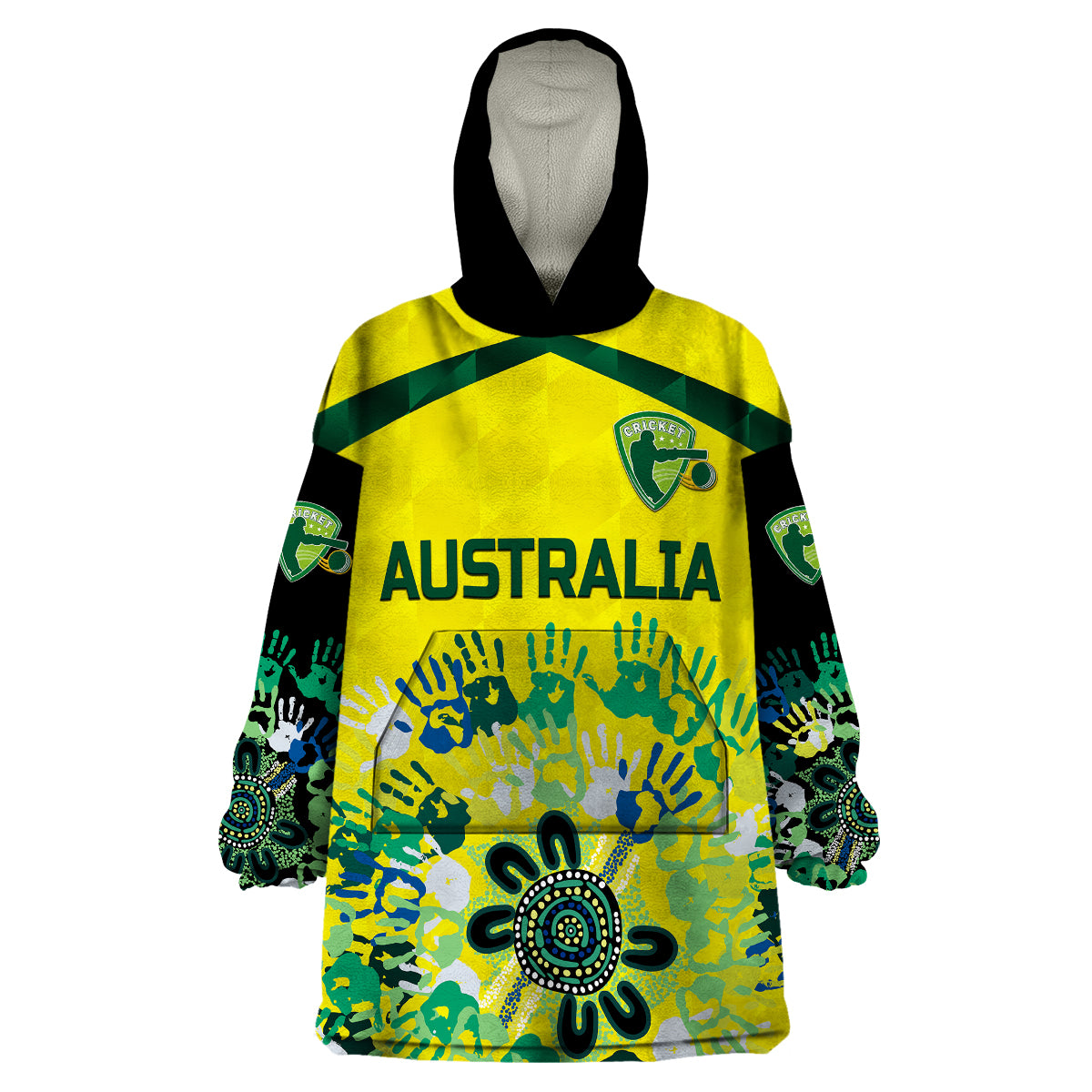 (Custom Personalised) Australia Cricket Wearable Blanket Hoodie Aboriginal Style Unique - Black - Vibe Hoodie Shop