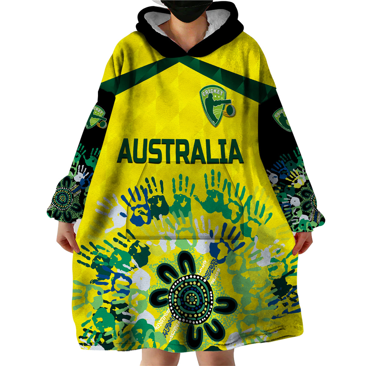 (Custom Personalised) Australia Cricket Wearable Blanket Hoodie Aboriginal Style Unique - Black - Vibe Hoodie Shop