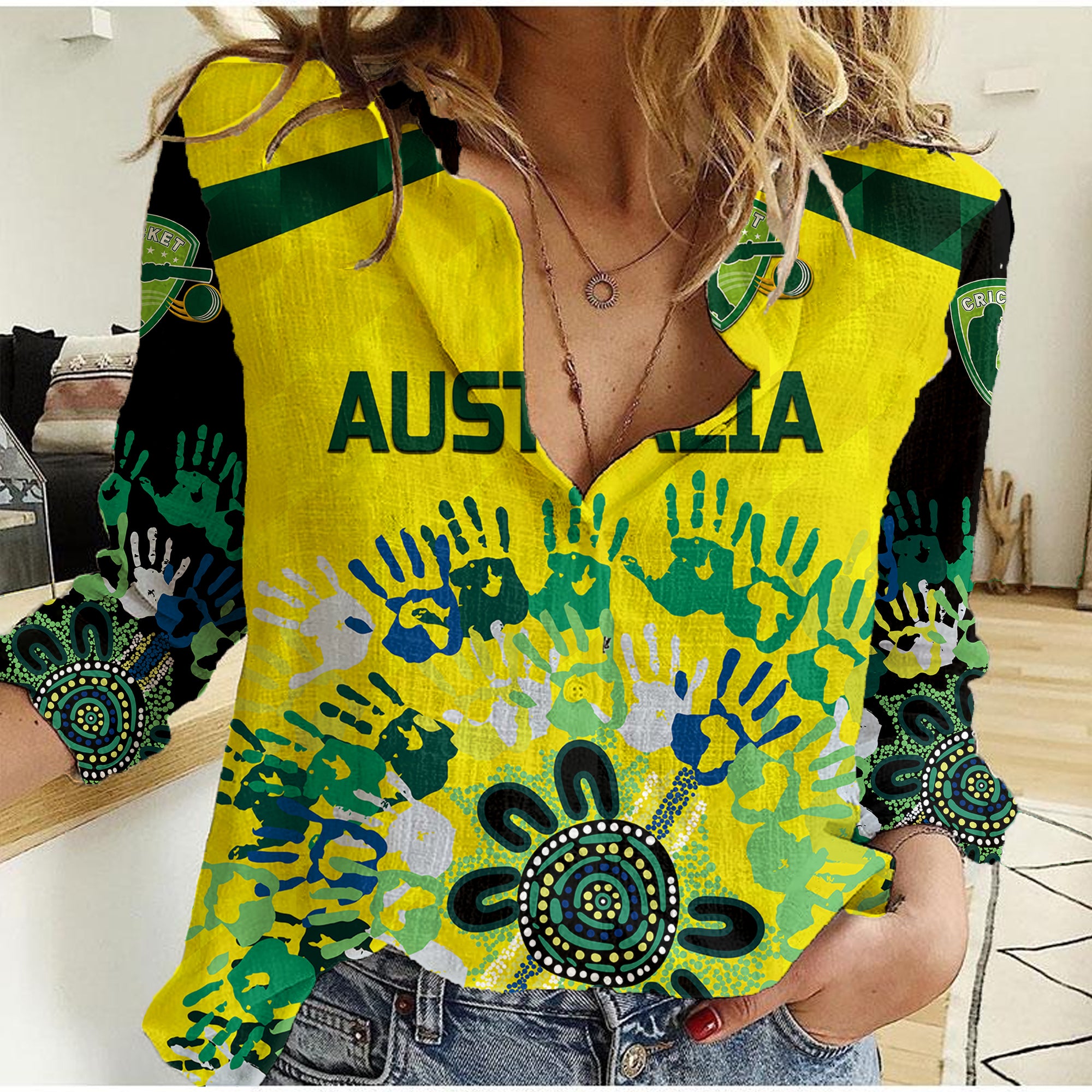 (Custom Personalised) Australia Cricket Women Casual Shirt Aboriginal Style Unique - Black - Vibe Hoodie Shop