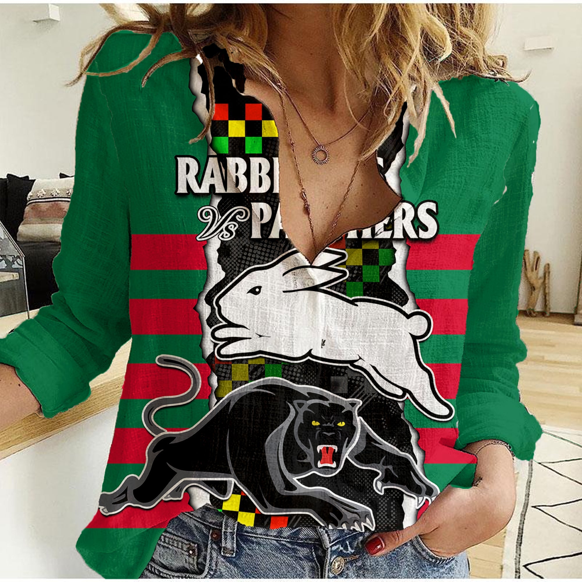 NRL Combine Rabbitohs and Panthers Women Casual Shirt - Vibe Hoodie Shop