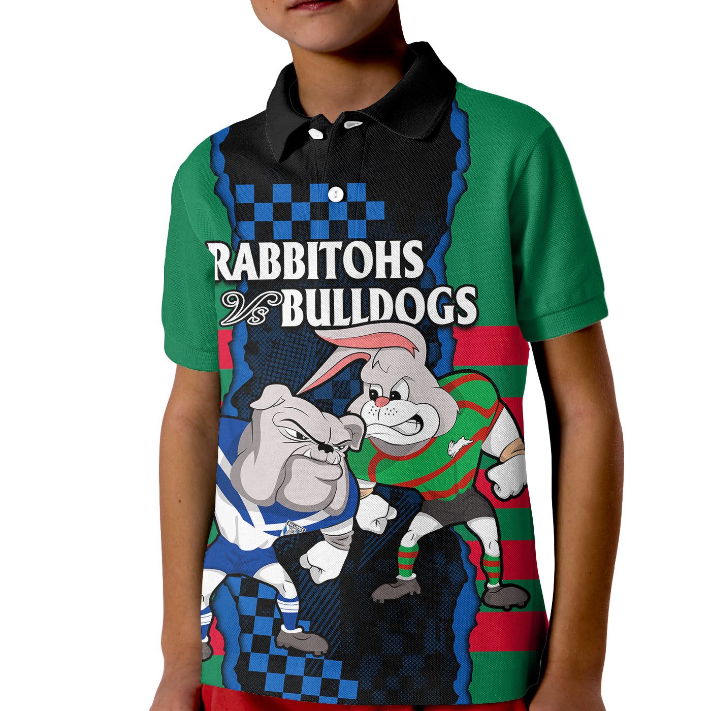 (Custom Text And Number) NRL Combine Rabbitohs and Bulldogs Kid Polo Shirt - Vibe Hoodie Shop