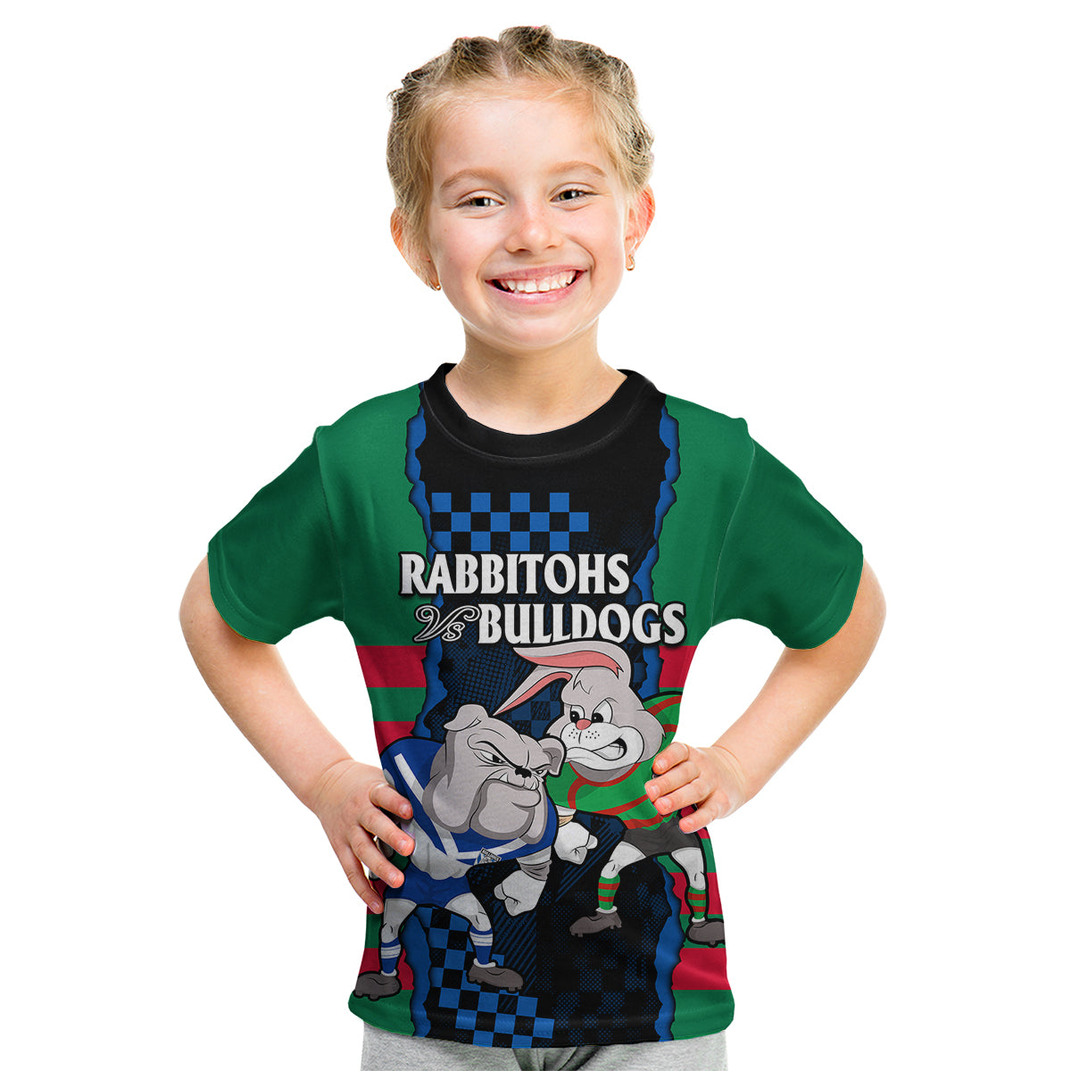 (Custom Text And Number) NRL Combine Rabbitohs and Bulldogs Kid T Shirt - Vibe Hoodie Shop