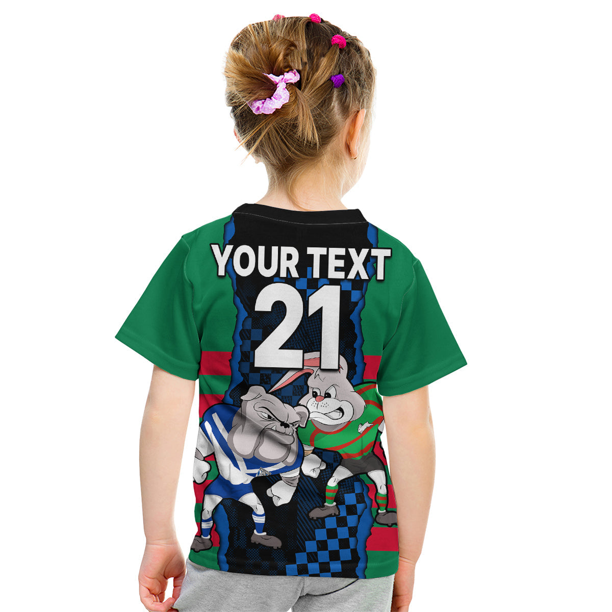 (Custom Text And Number) NRL Combine Rabbitohs and Bulldogs Kid T Shirt - Vibe Hoodie Shop