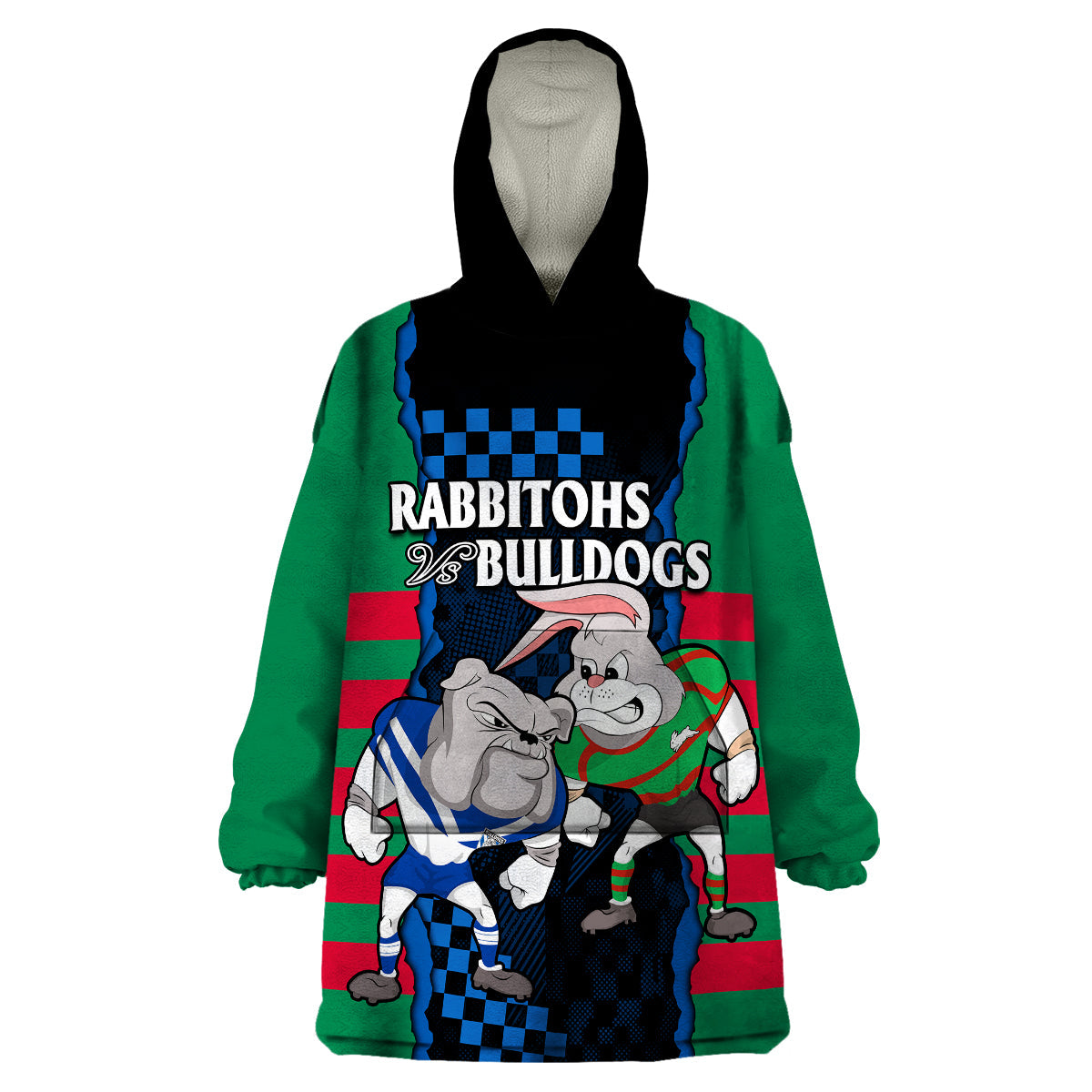 (Custom Text And Number) NRL Combine Rabbitohs and Bulldogs Wearable Blanket Hoodie - Vibe Hoodie Shop