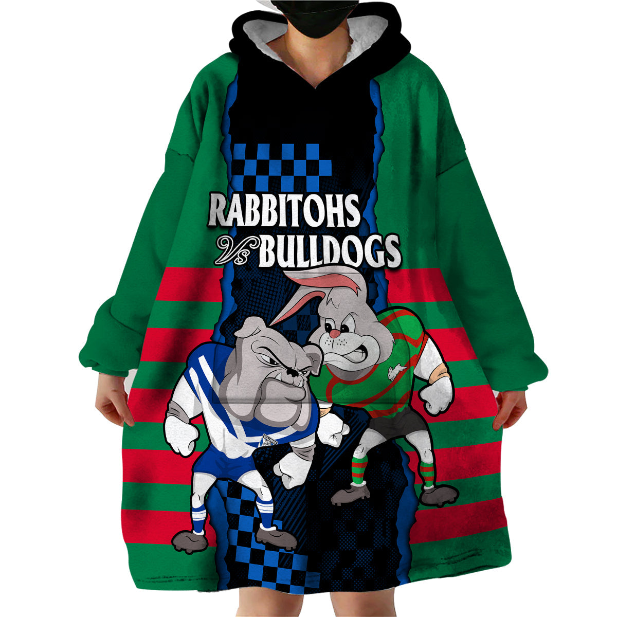 (Custom Text And Number) NRL Combine Rabbitohs and Bulldogs Wearable Blanket Hoodie - Vibe Hoodie Shop