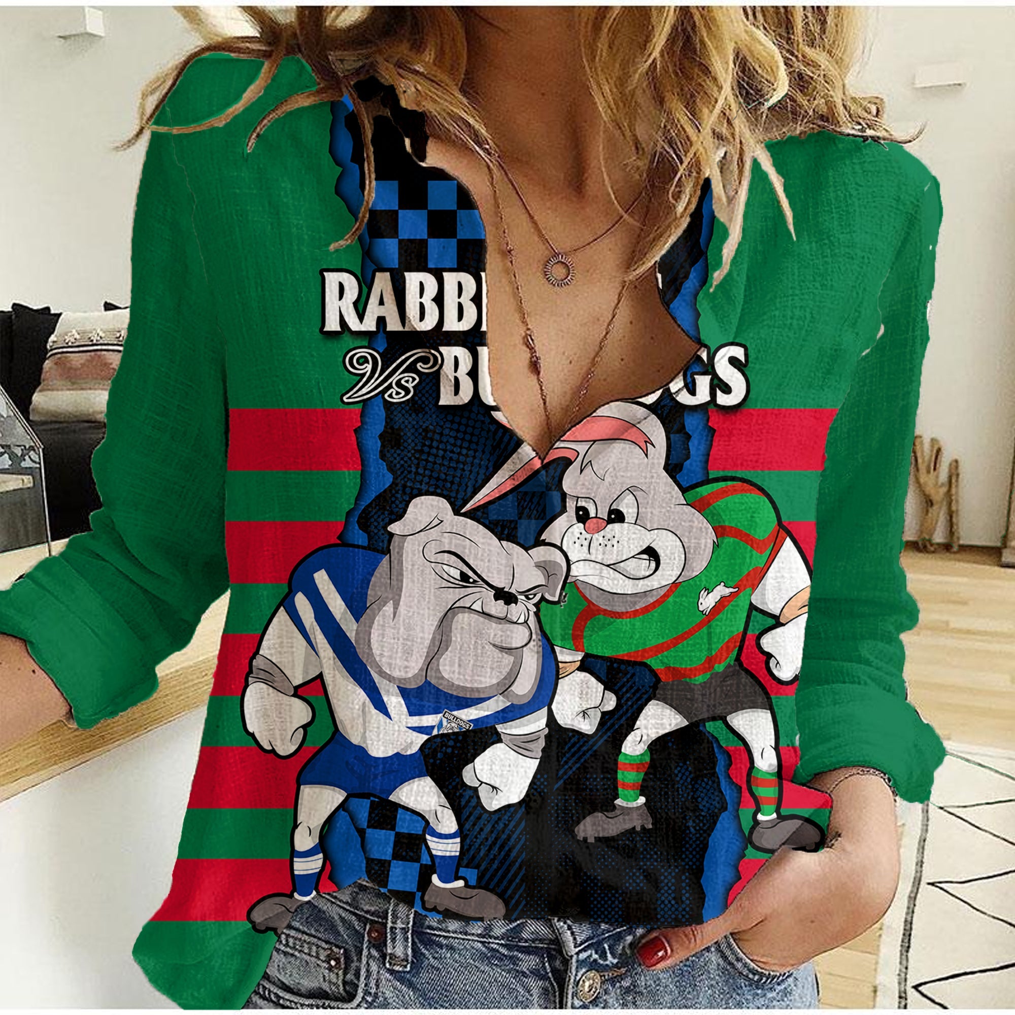 (Custom Text And Number) NRL Combine Rabbitohs and Bulldogs Women Casual Shirt - Vibe Hoodie Shop