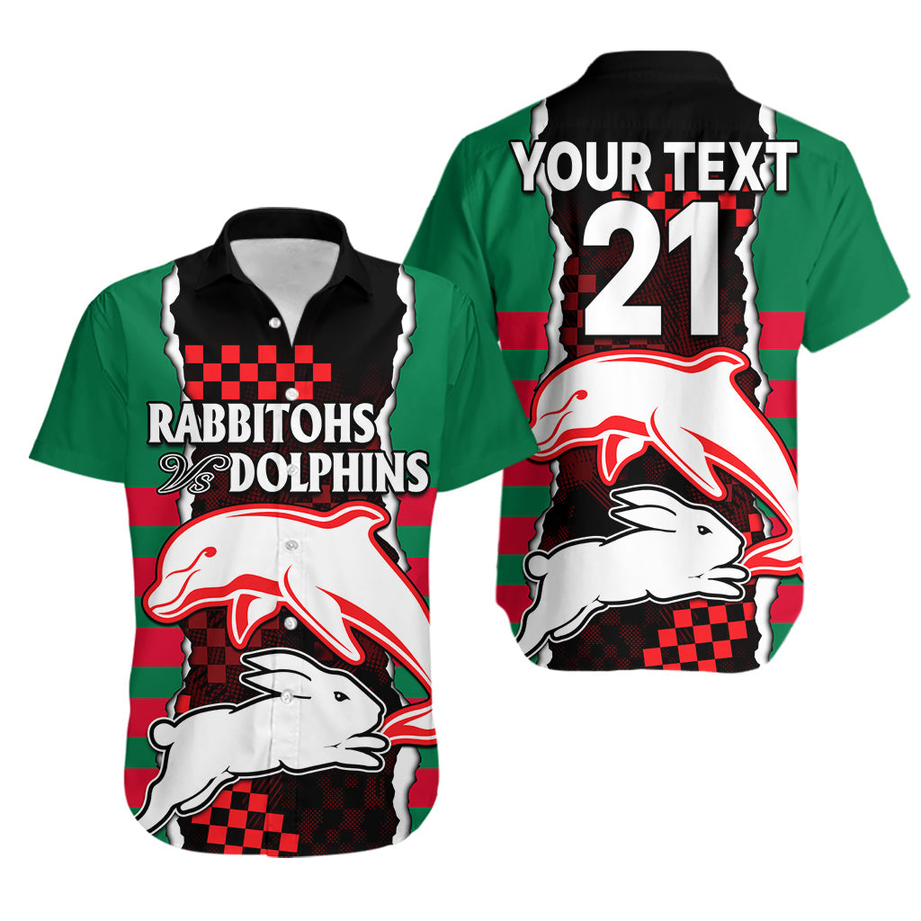 (Custom Text And Number) NRL Combine Rabbitohs and Dolphins Hawaiian Shirt - Vibe Hoodie Shop