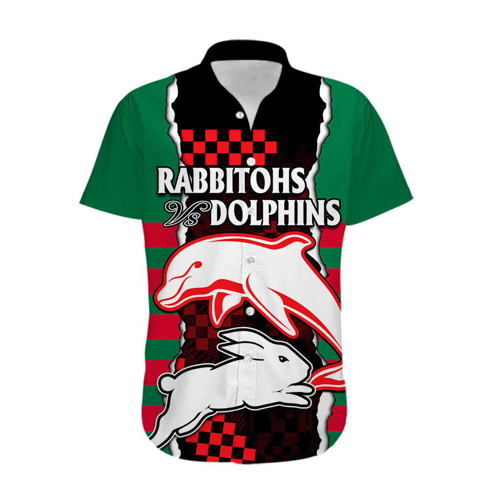(Custom Text And Number) NRL Combine Rabbitohs and Dolphins Hawaiian Shirt - Vibe Hoodie Shop