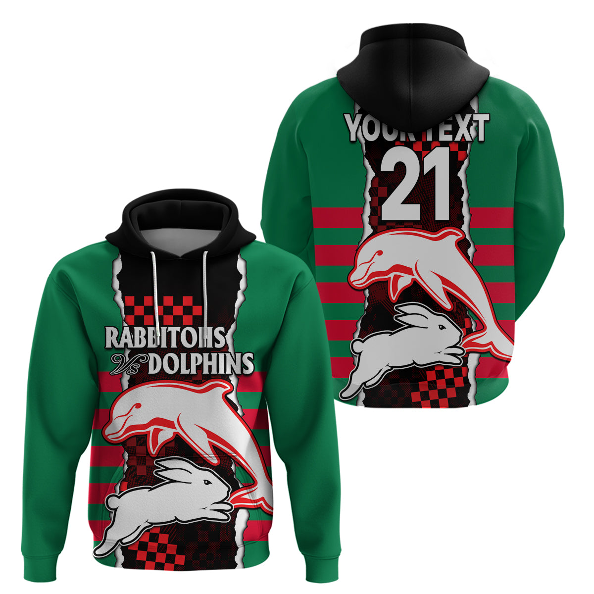 (Custom Text And Number) NRL Combine Rabbitohs and Dolphins Hoodie LT9 - Vibe Hoodie Shop