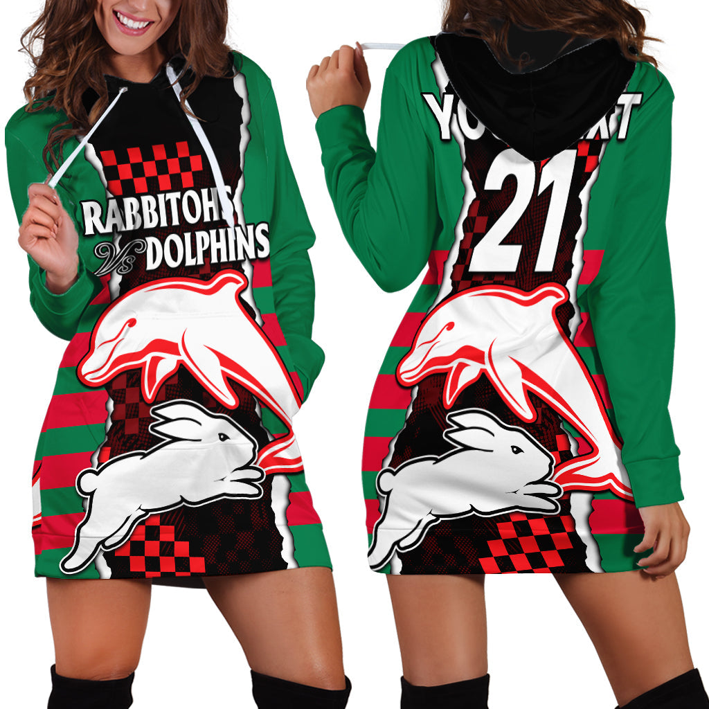 (Custom Text And Number) NRL Combine Rabbitohs and Dolphins Hoodie Dress - Vibe Hoodie Shop