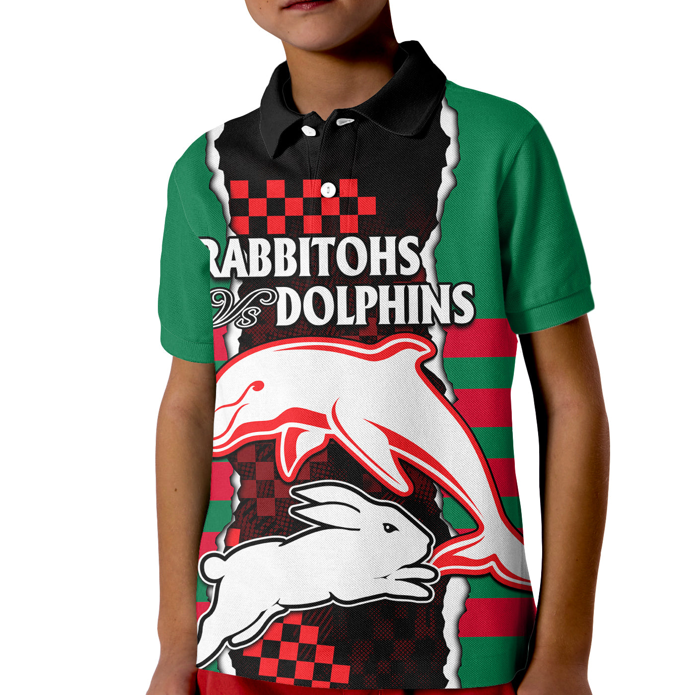 (Custom Text And Number) NRL Combine Rabbitohs and Dolphins Kid Polo Shirt - Vibe Hoodie Shop