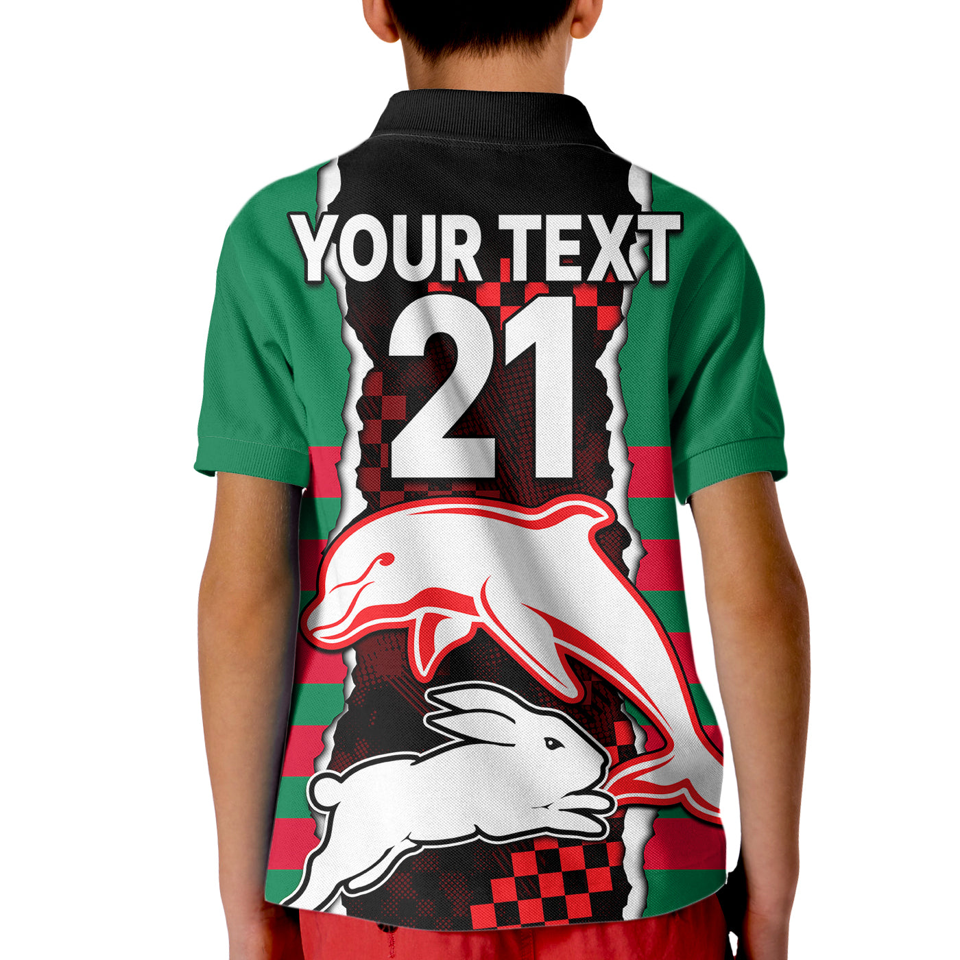 (Custom Text And Number) NRL Combine Rabbitohs and Dolphins Kid Polo Shirt - Vibe Hoodie Shop