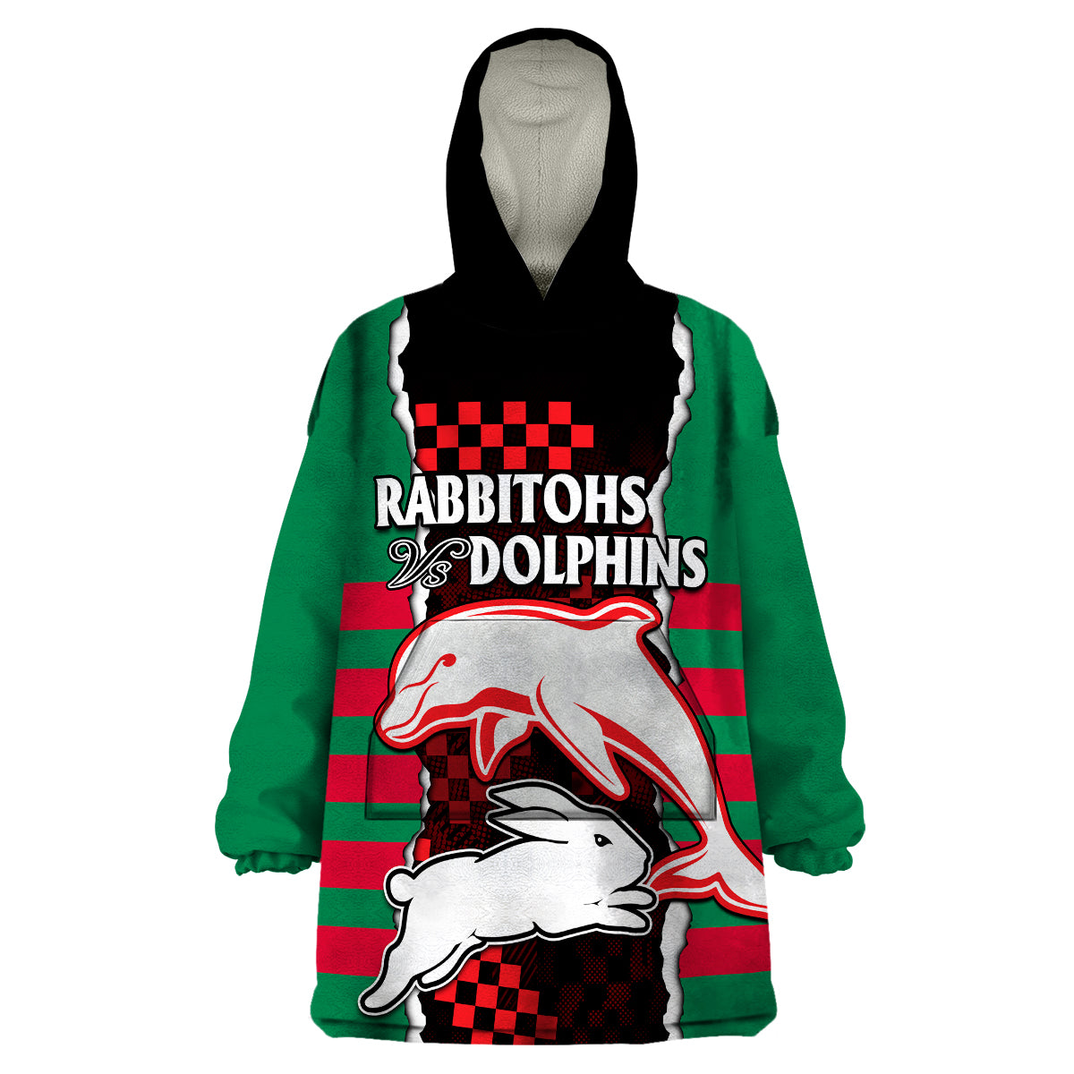 (Custom Text And Number) NRL Combine Rabbitohs and Dolphins Wearable Blanket Hoodie - Vibe Hoodie Shop