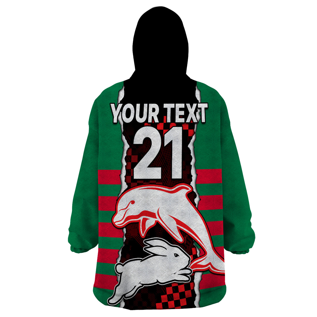 (Custom Text And Number) NRL Combine Rabbitohs and Dolphins Wearable Blanket Hoodie - Vibe Hoodie Shop