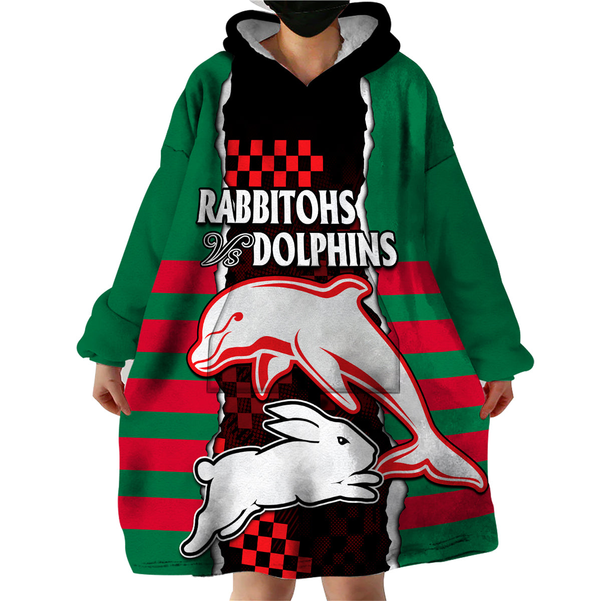 (Custom Text And Number) NRL Combine Rabbitohs and Dolphins Wearable Blanket Hoodie - Vibe Hoodie Shop