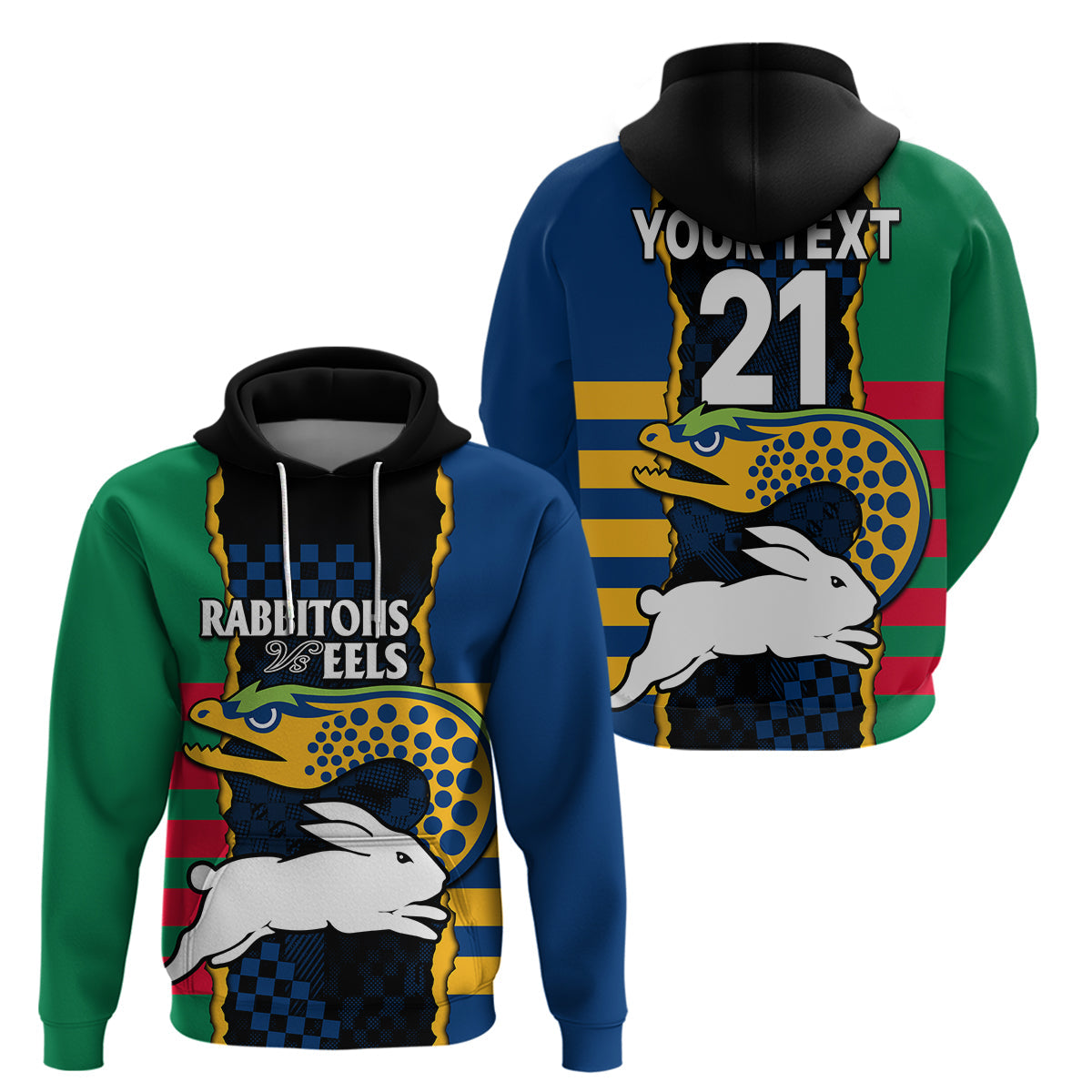 (Custom Text And Number) NRL Combine Rabbitohs and Eels Hoodie LT9 - Vibe Hoodie Shop