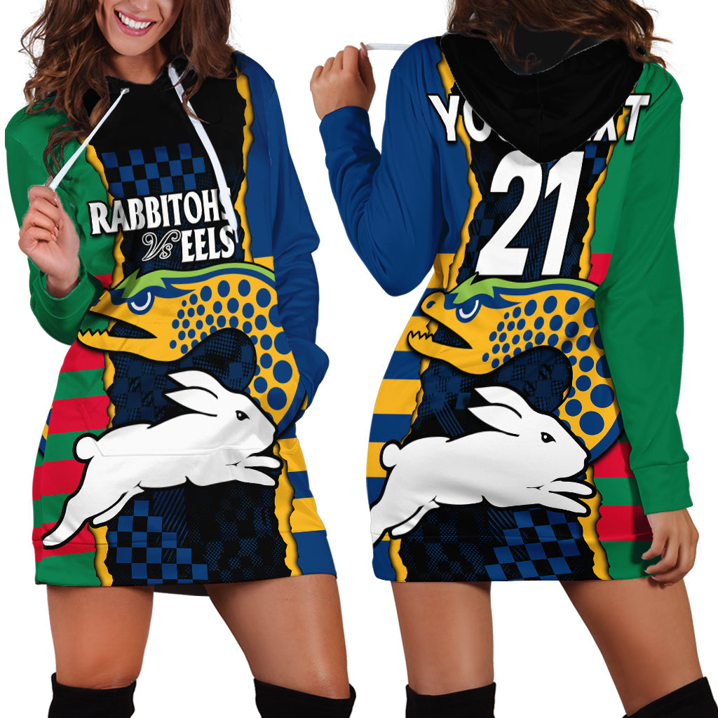 (Custom Text And Number) NRL Combine Rabbitohs and Eels Hoodie Dress - Vibe Hoodie Shop