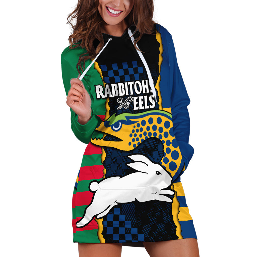 (Custom Text And Number) NRL Combine Rabbitohs and Eels Hoodie Dress - Vibe Hoodie Shop