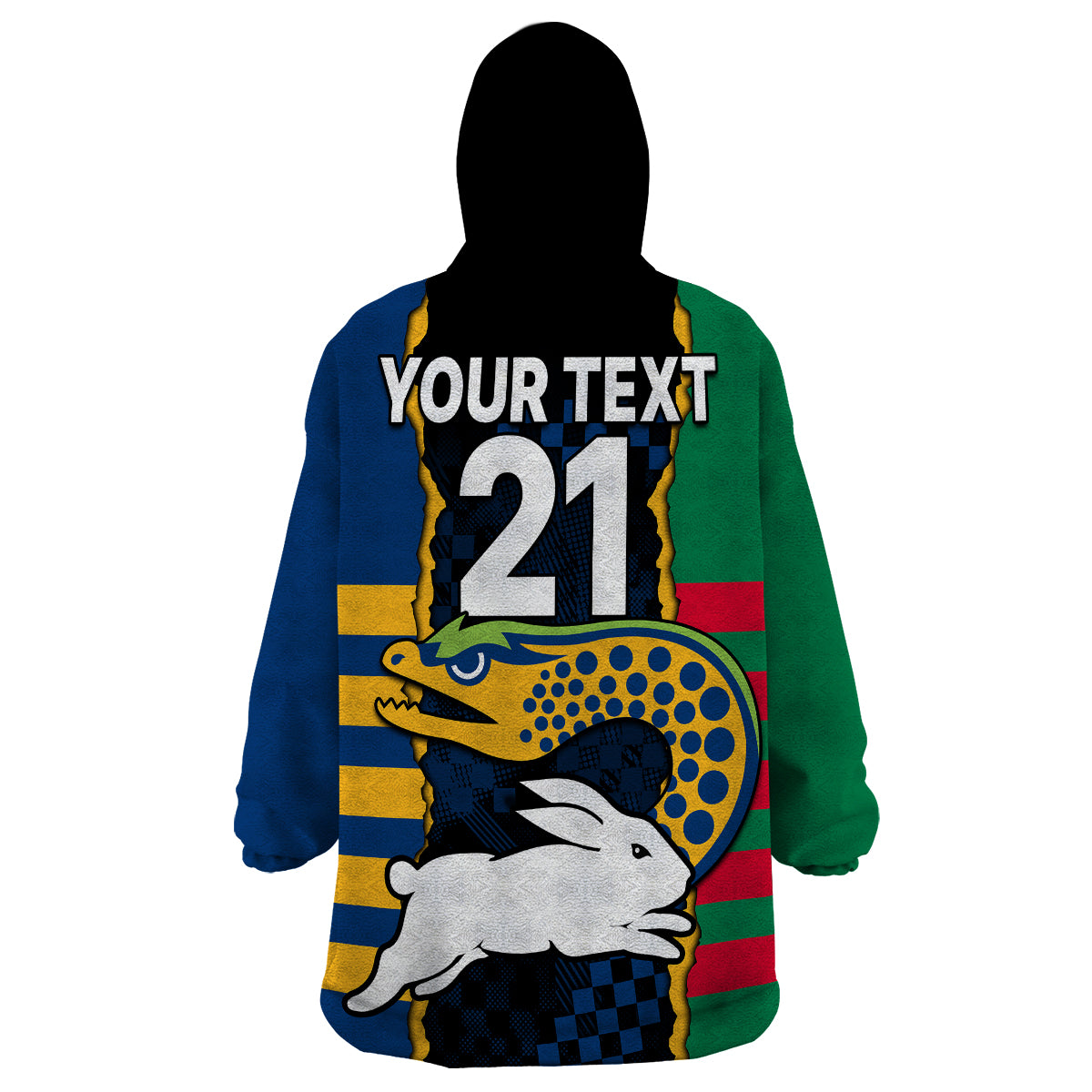 (Custom Text And Number) NRL Combine Rabbitohs and Eels Wearable Blanket Hoodie - Vibe Hoodie Shop