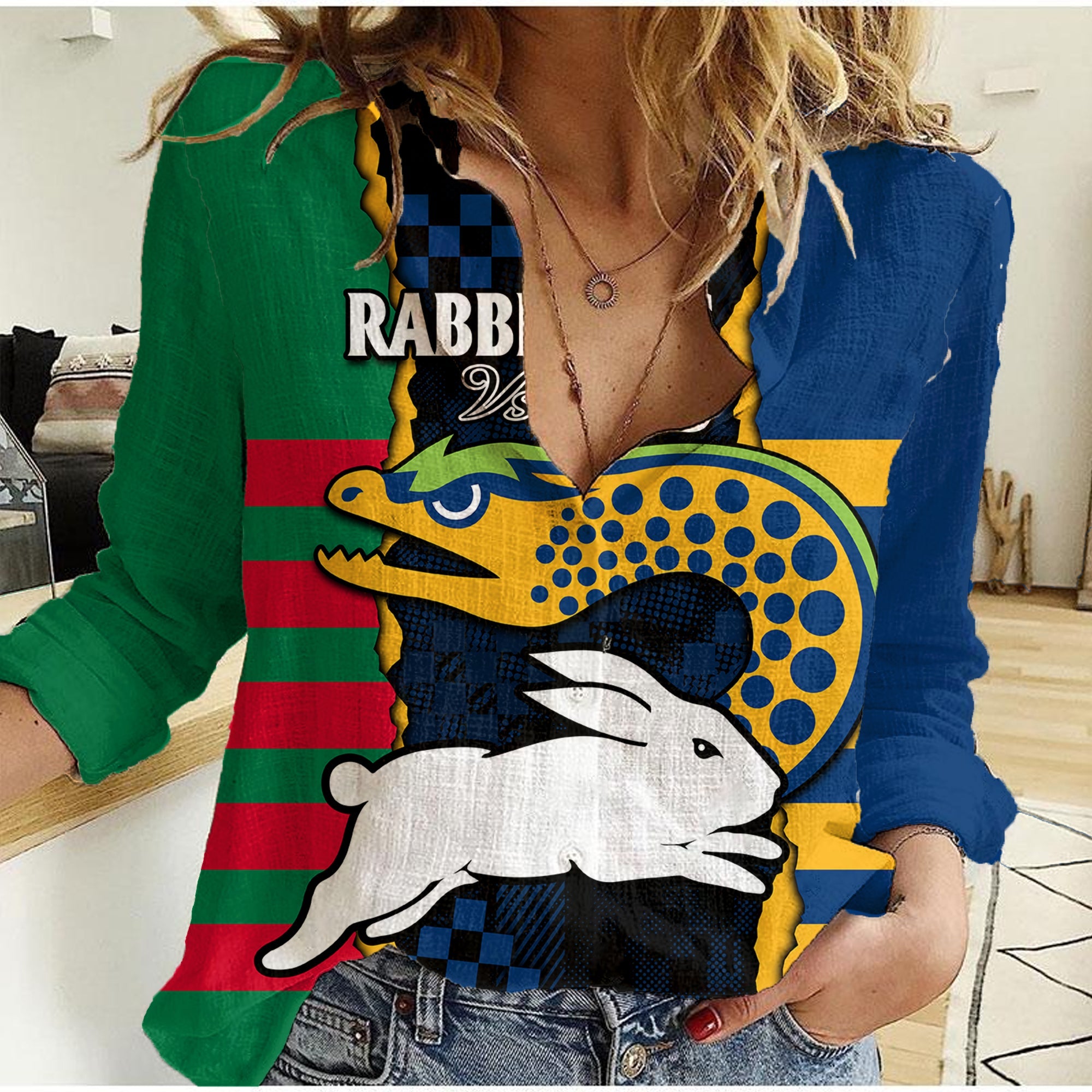 (Custom Text And Number) NRL Combine Rabbitohs and Eels Women Casual Shirt - Vibe Hoodie Shop