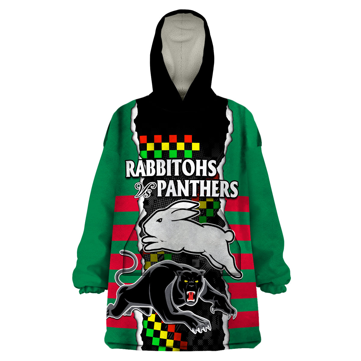 (Custom Text And Number) NRL Combine Rabbitohs and Panthers Wearable Blanket Hoodie - Vibe Hoodie Shop