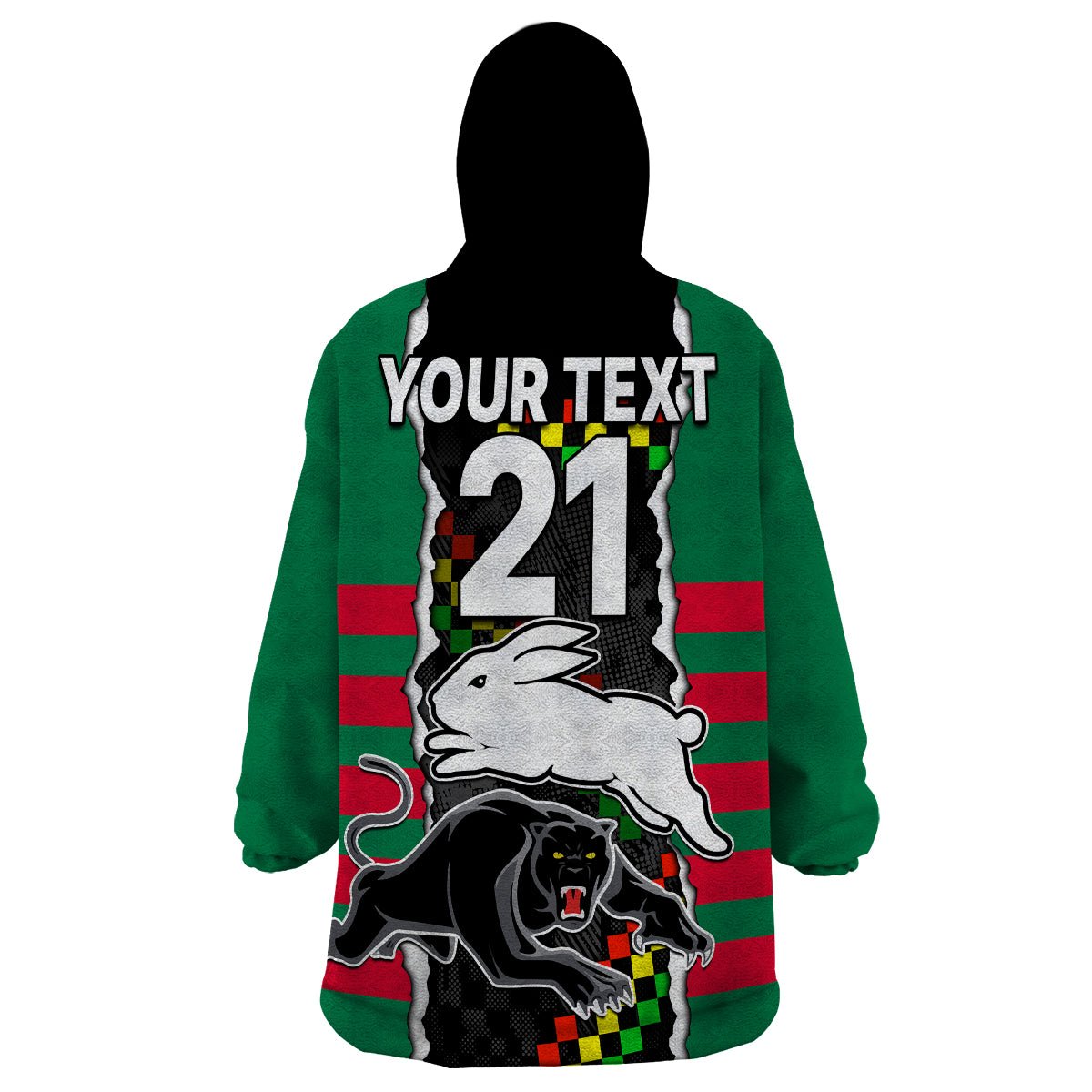 (Custom Text And Number) NRL Combine Rabbitohs and Panthers Wearable Blanket Hoodie - Vibe Hoodie Shop