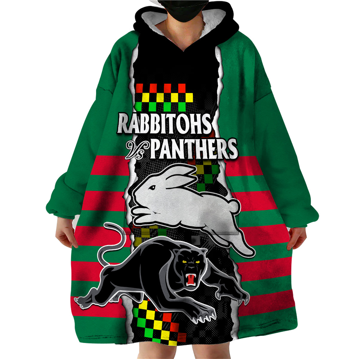 (Custom Text And Number) NRL Combine Rabbitohs and Panthers Wearable Blanket Hoodie - Vibe Hoodie Shop