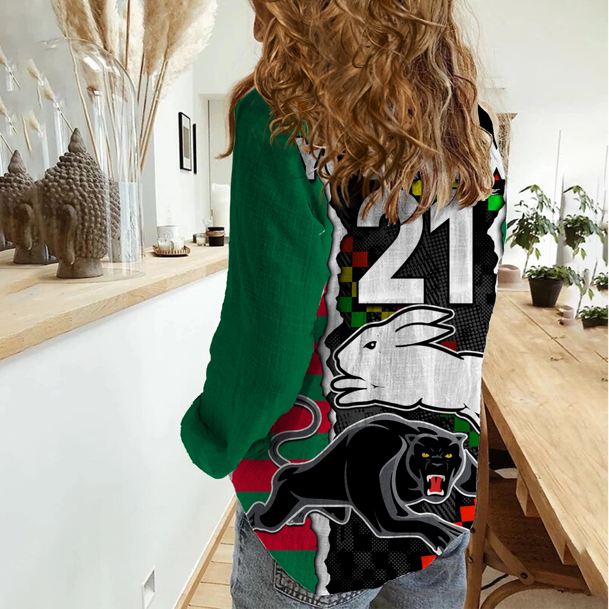 (Custom Text And Number) NRL Combine Rabbitohs and Panthers Women Casual Shirt - Vibe Hoodie Shop
