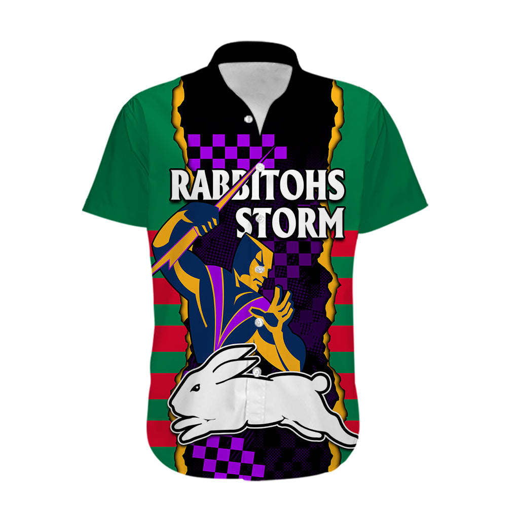 (Custom Text And Number) NRL Combine Rabbitohs and Storm Hawaiian Shirt - Vibe Hoodie Shop