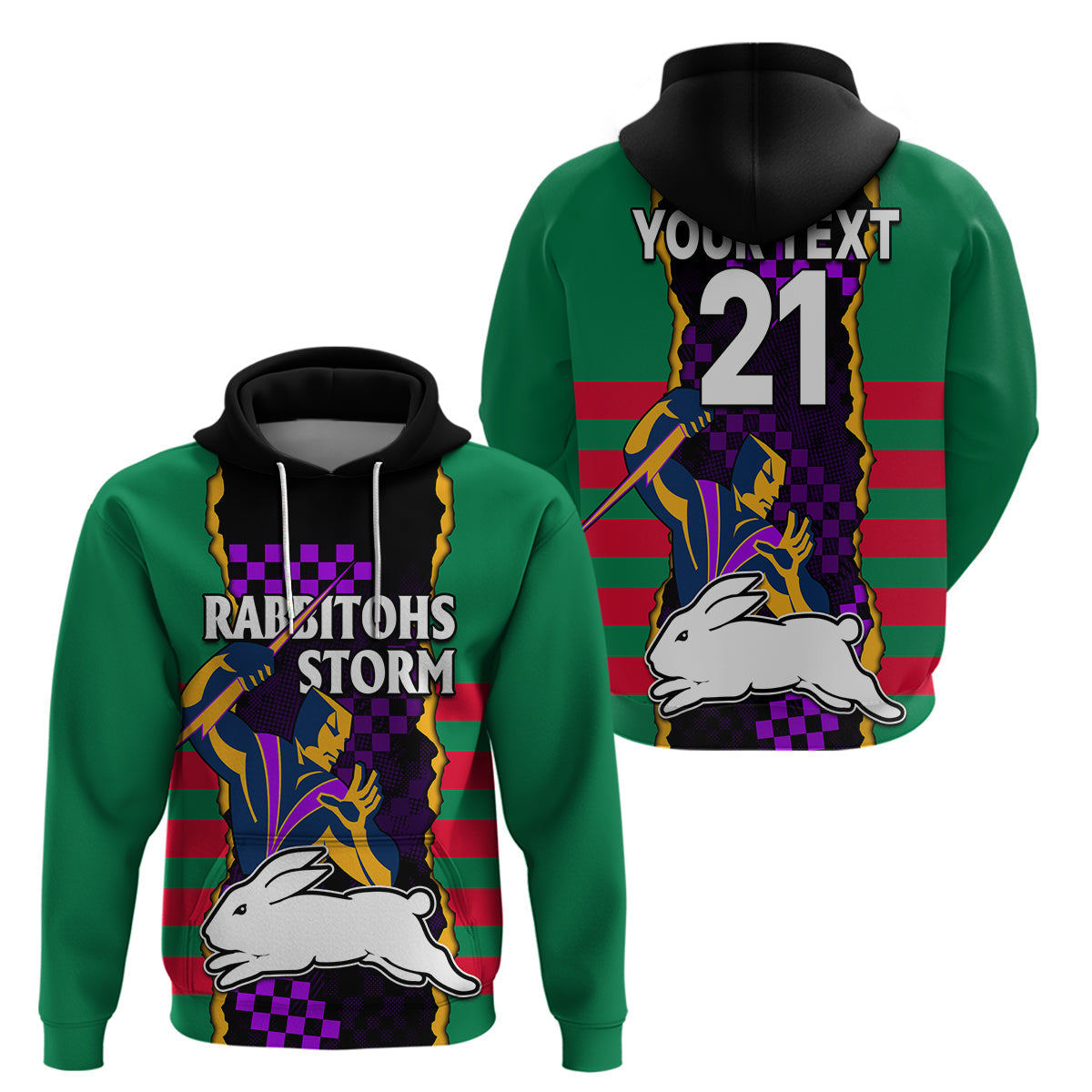 (Custom Text And Number) NRL Combine Rabbitohs and Storm Hoodie LT9 - Vibe Hoodie Shop