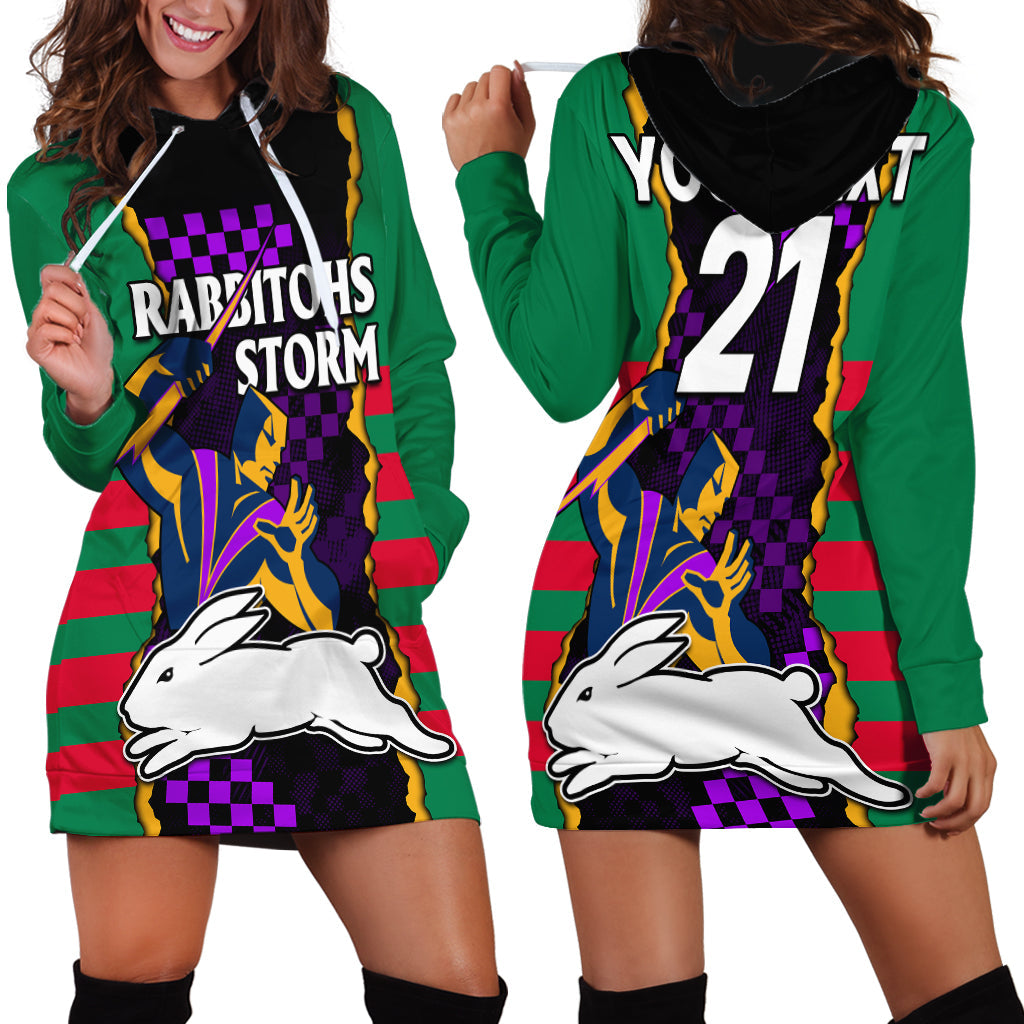 (Custom Text And Number) NRL Combine Rabbitohs and Storm Hoodie Dress - Vibe Hoodie Shop