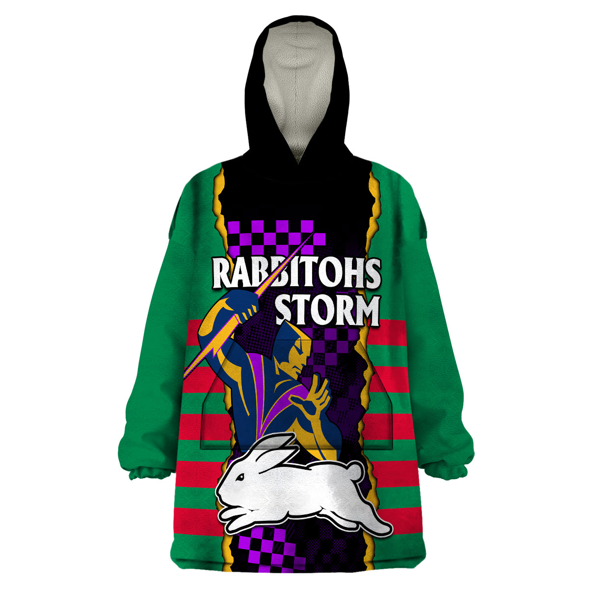 (Custom Text And Number) NRL Combine Rabbitohs and Storm Wearable Blanket Hoodie - Vibe Hoodie Shop