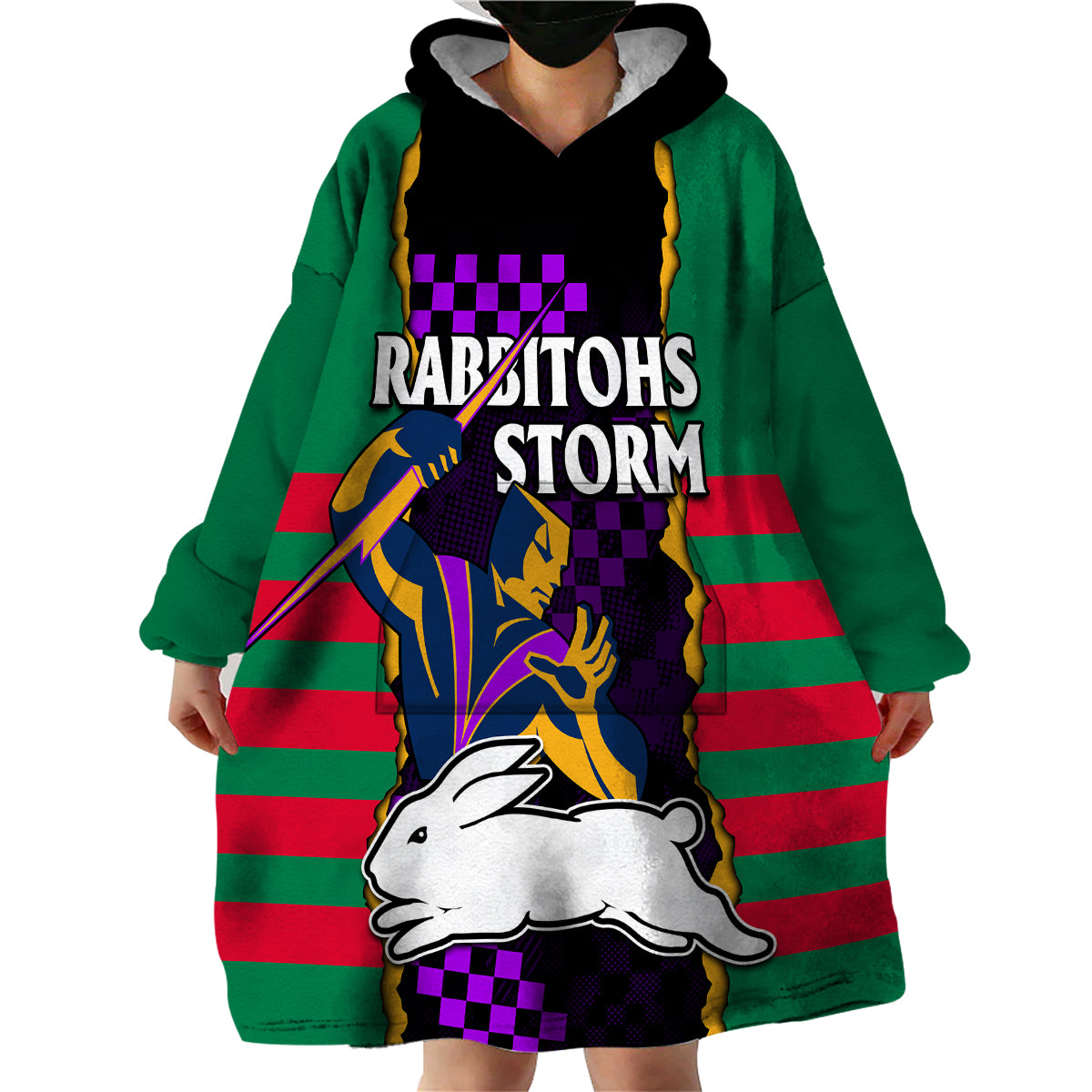 (Custom Text And Number) NRL Combine Rabbitohs and Storm Wearable Blanket Hoodie - Vibe Hoodie Shop