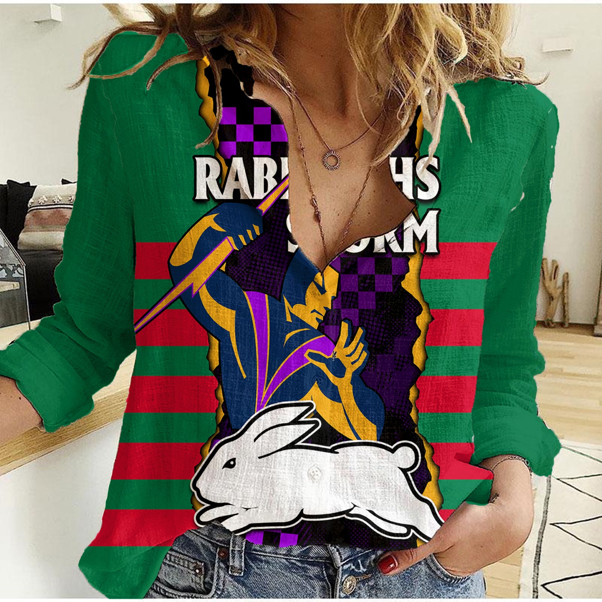 (Custom Text And Number) NRL Combine Rabbitohs and Storm Women Casual Shirt - Vibe Hoodie Shop