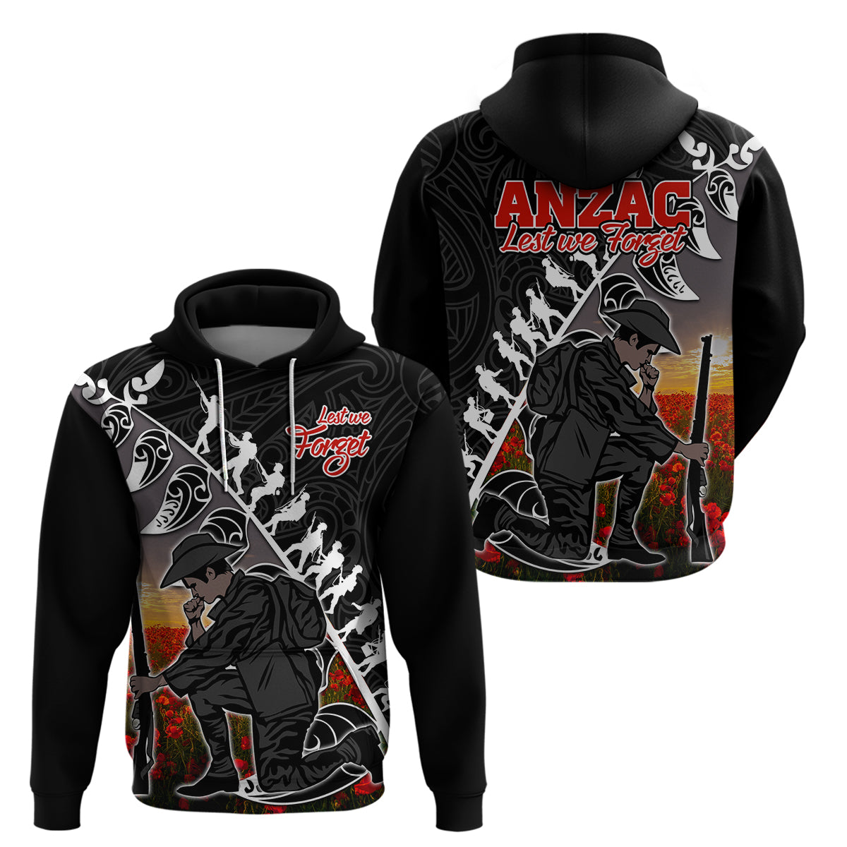 Aotearoa ANZAC Day Hoodie Maori Fern With Poppy  Vibe LT9 - Vibe Hoodie Shop