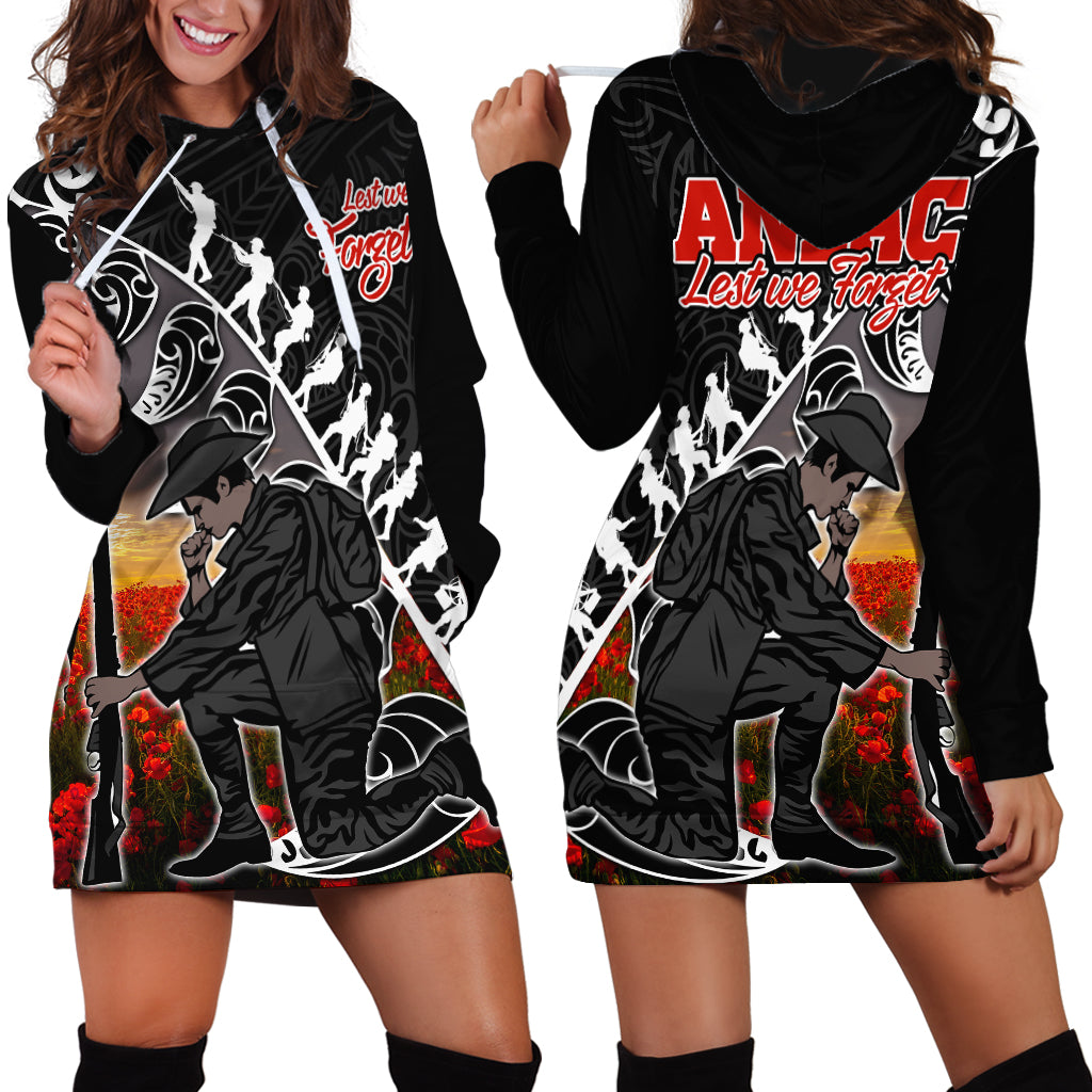 Aotearoa ANZAC Day Hoodie Dress Maori Fern With Poppy  Vibe - Vibe Hoodie Shop