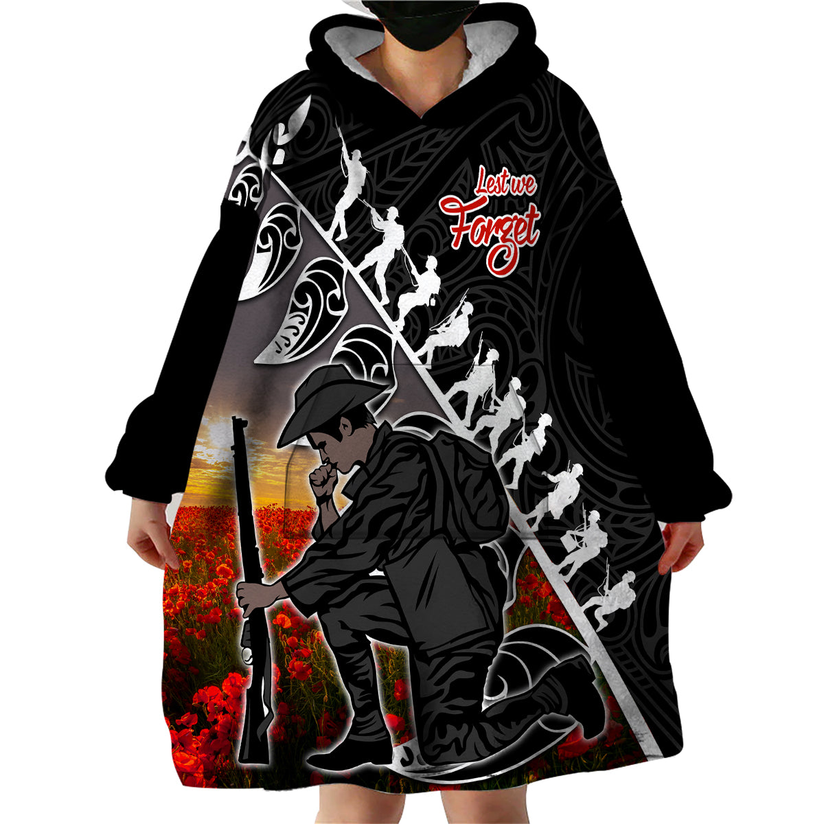 Aotearoa ANZAC Day Wearable Blanket Hoodie Maori Fern With Poppy  Vibe - Vibe Hoodie Shop