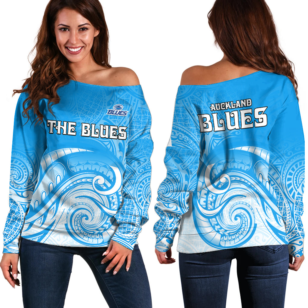 Super Blues Rugby Union Auckland Off Shoulder Sweater New Zealand Koru Maori - Vibe Hoodie Shop